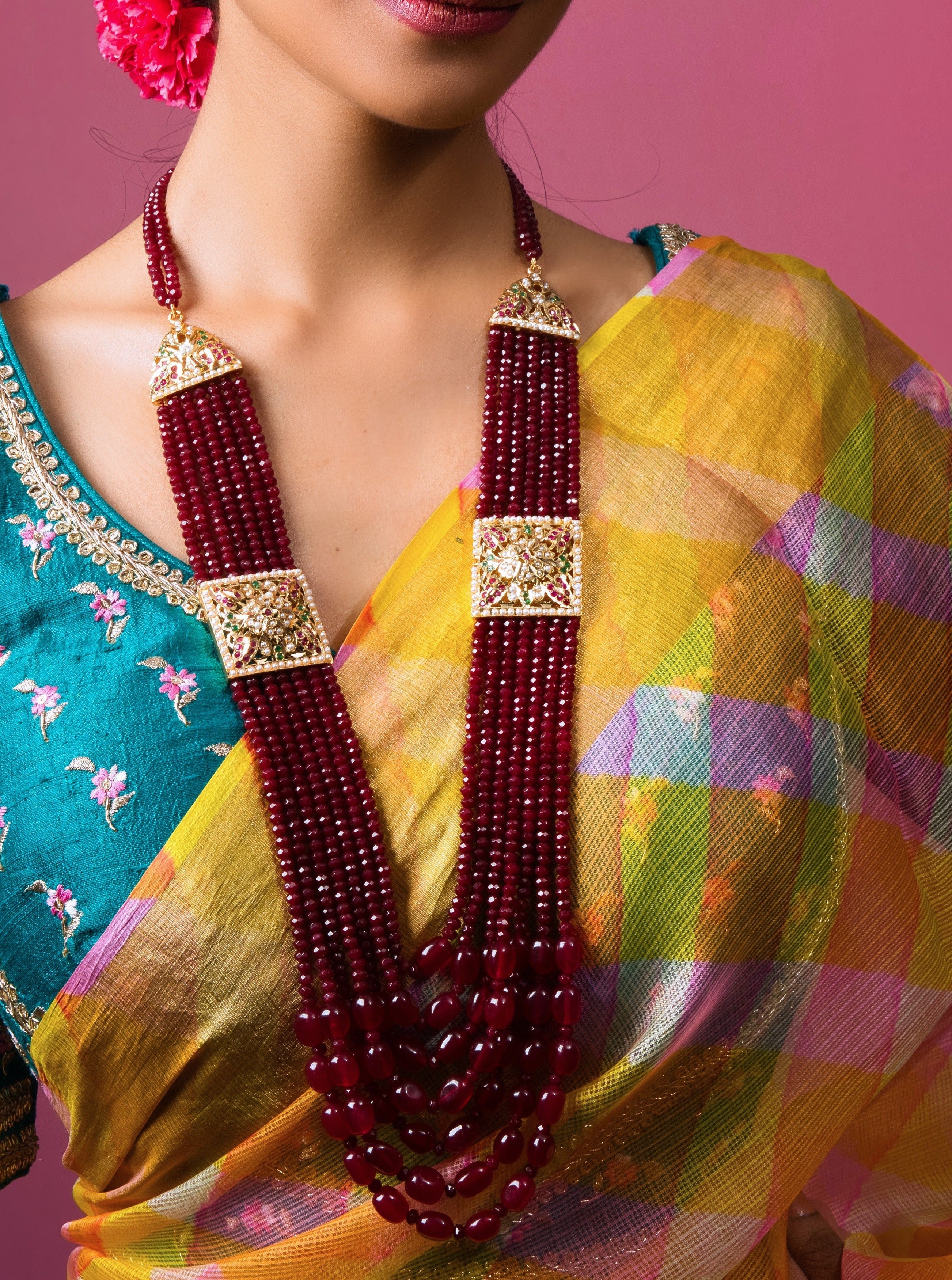 Ruby Red Multi String Jadau Tukdi Necklace - QUEENS JEWELS