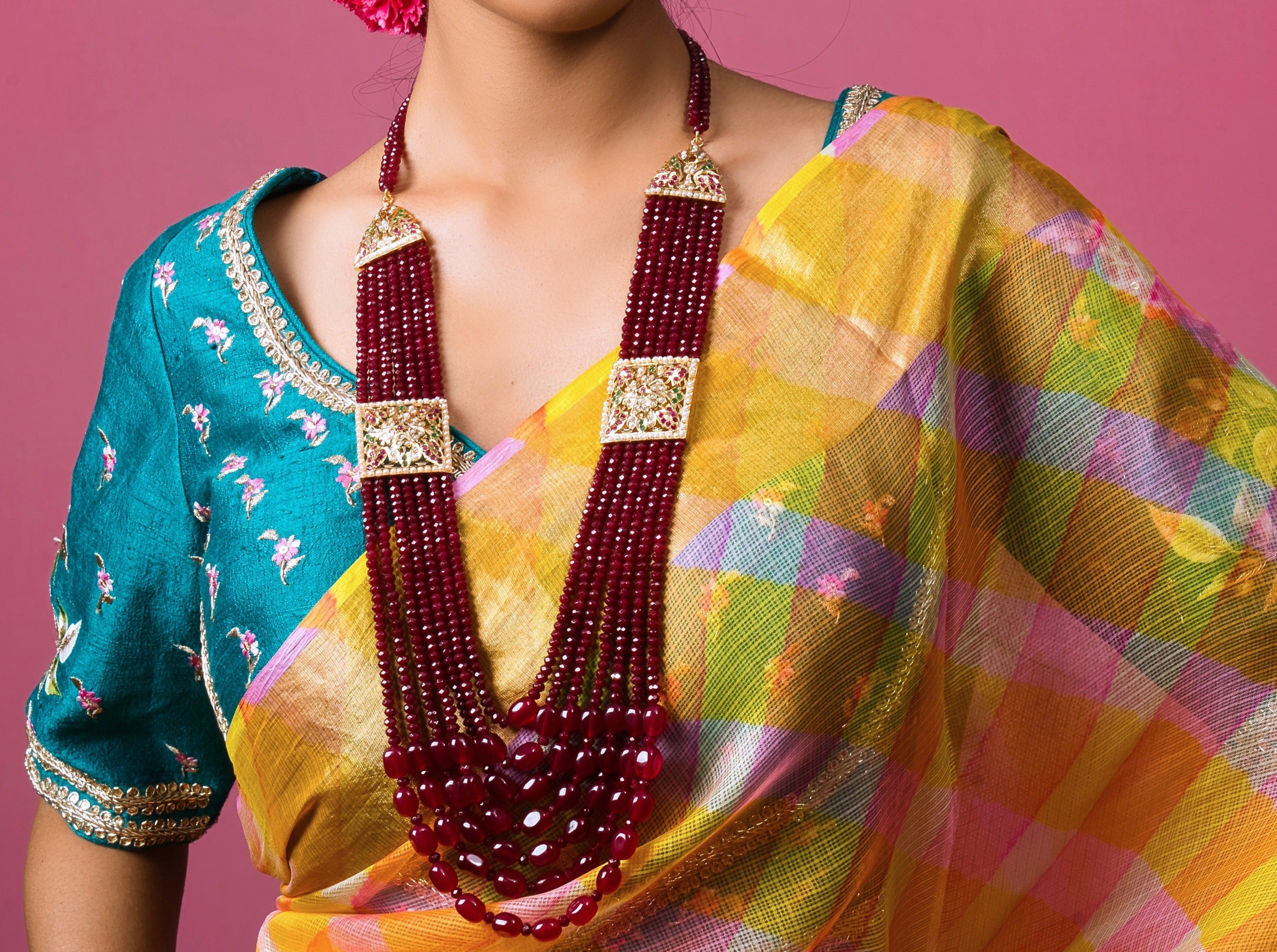 Ruby Red Multi String Jadau Tukdi Necklace - QUEENS JEWELS