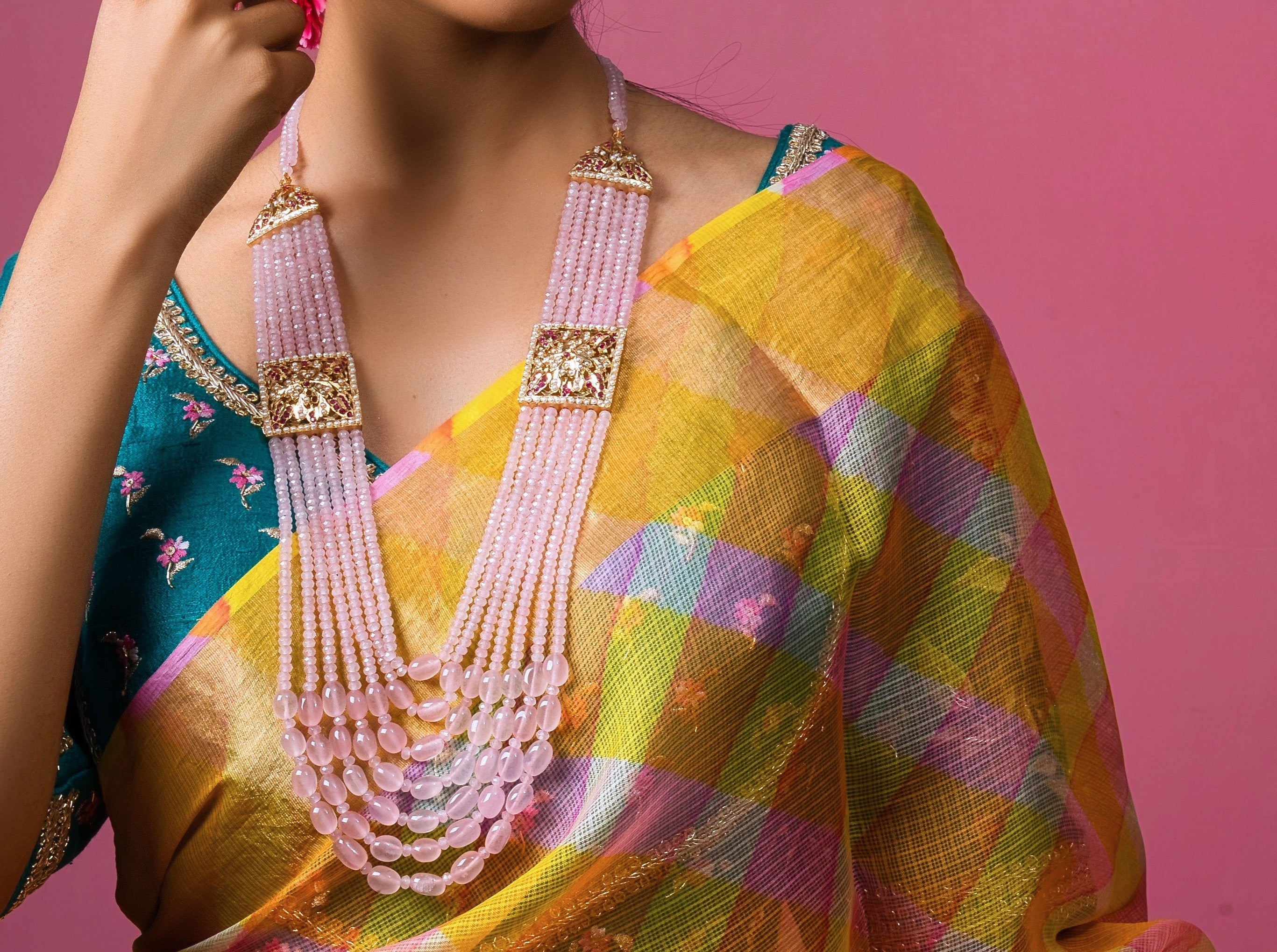 Rose Petal Multi-String Jadau Tukdi Necklace - QUEENS JEWELS