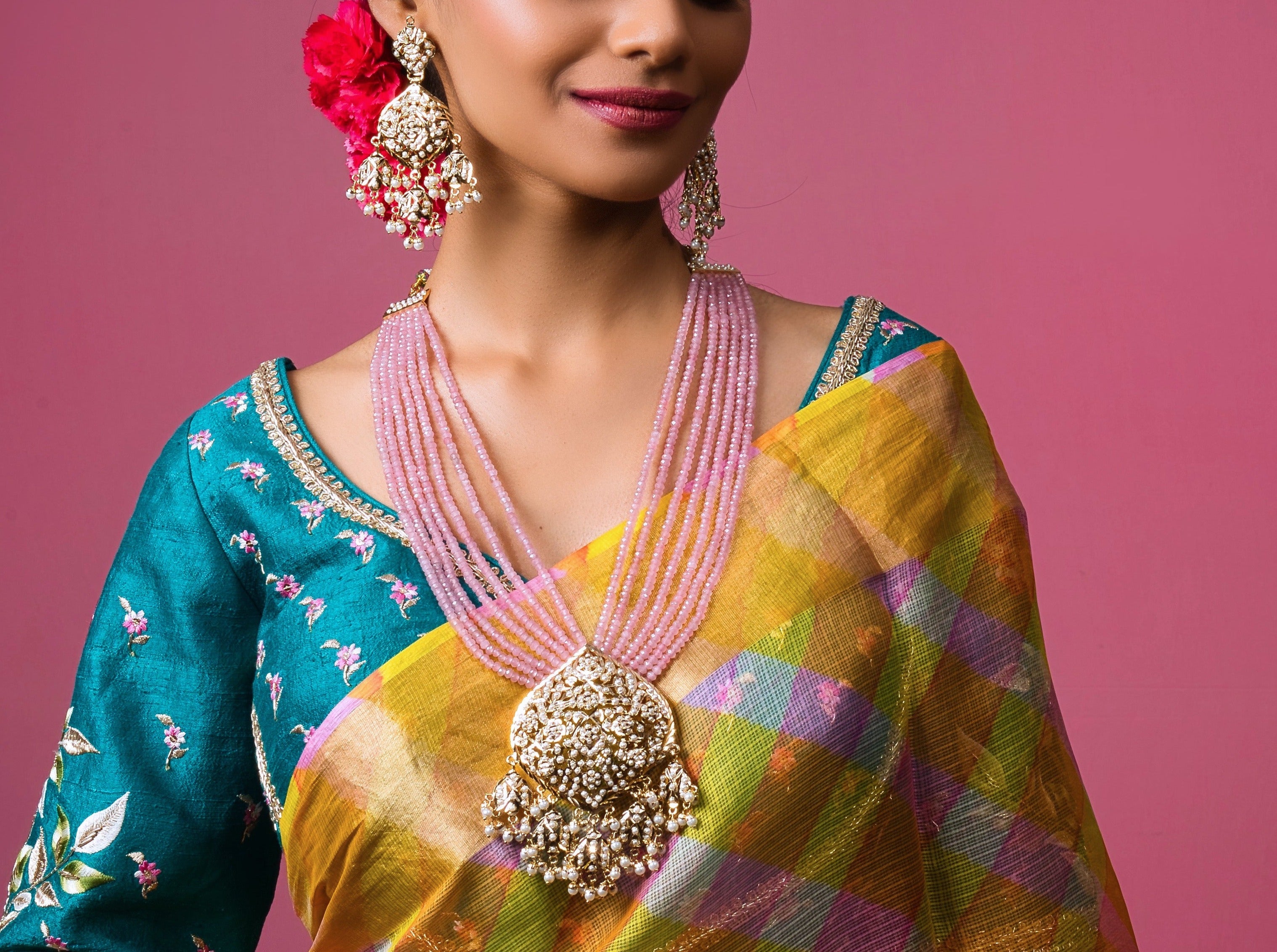 Rose Pink Radiant Jadau Bridal Set (Necklace and Earrings) - QUEENS JEWELS