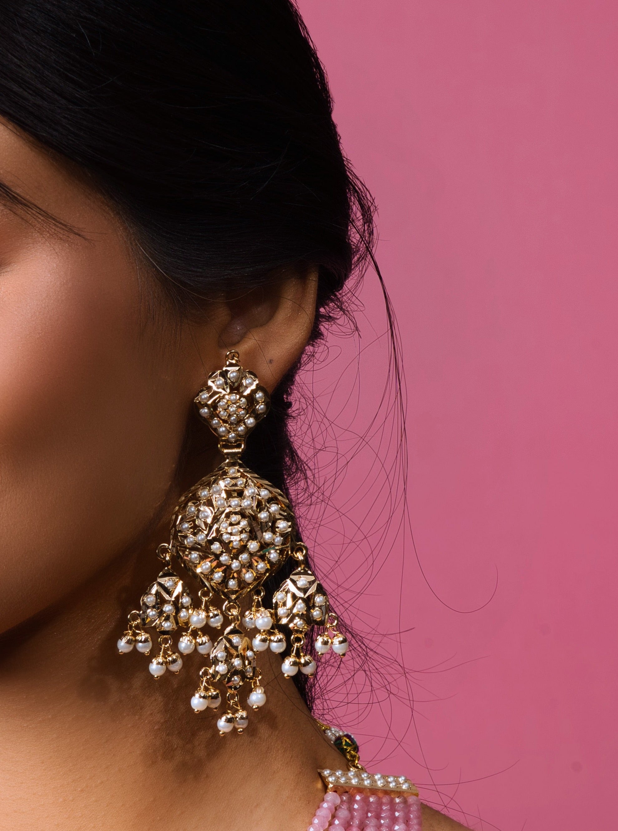 Rose Pink Radiant Jadau Bridal Set (Necklace and Earrings) - QUEENS JEWELS