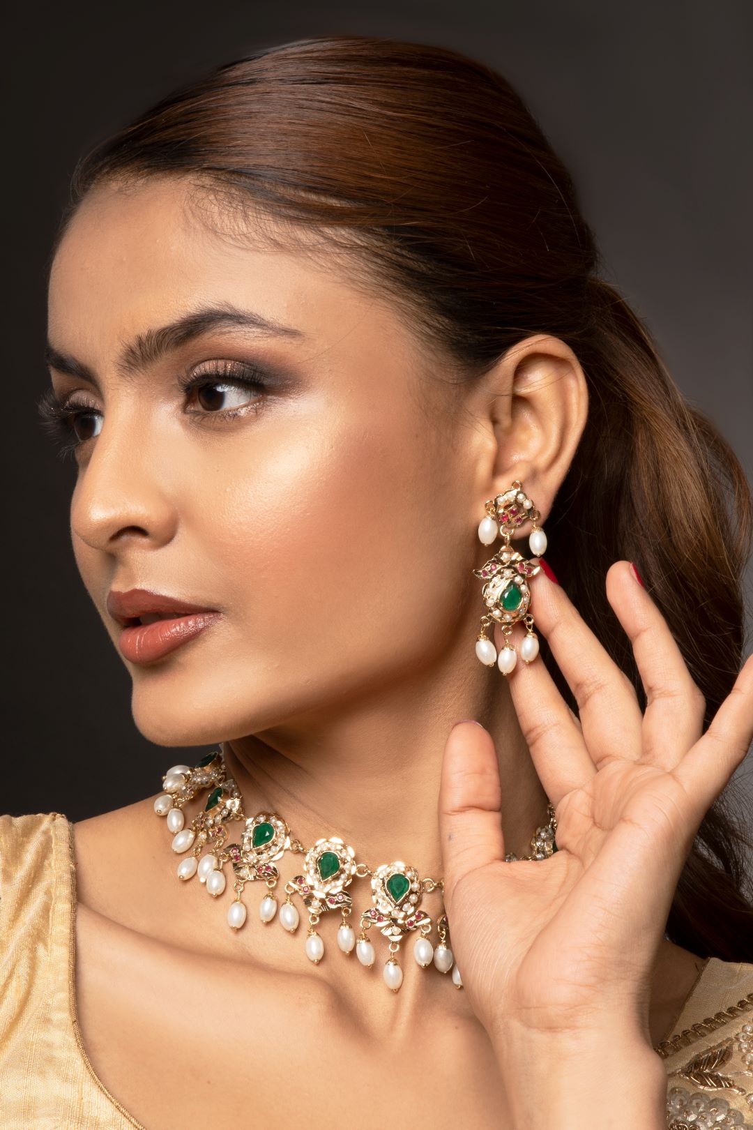 Namasya Green & Ruby Red Jadau Choker Set with Earrings - QUEENS JEWELS