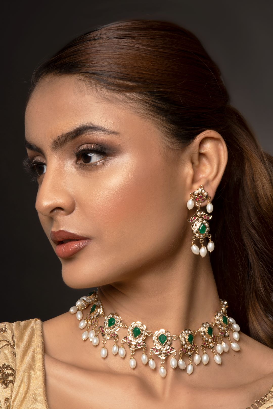 Namasya Green & Ruby Red Jadau Choker Set with Earrings - QUEENS JEWELS