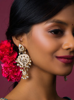 Aahana Jadau White Chaandbali Earrings - QUEENS JEWELS