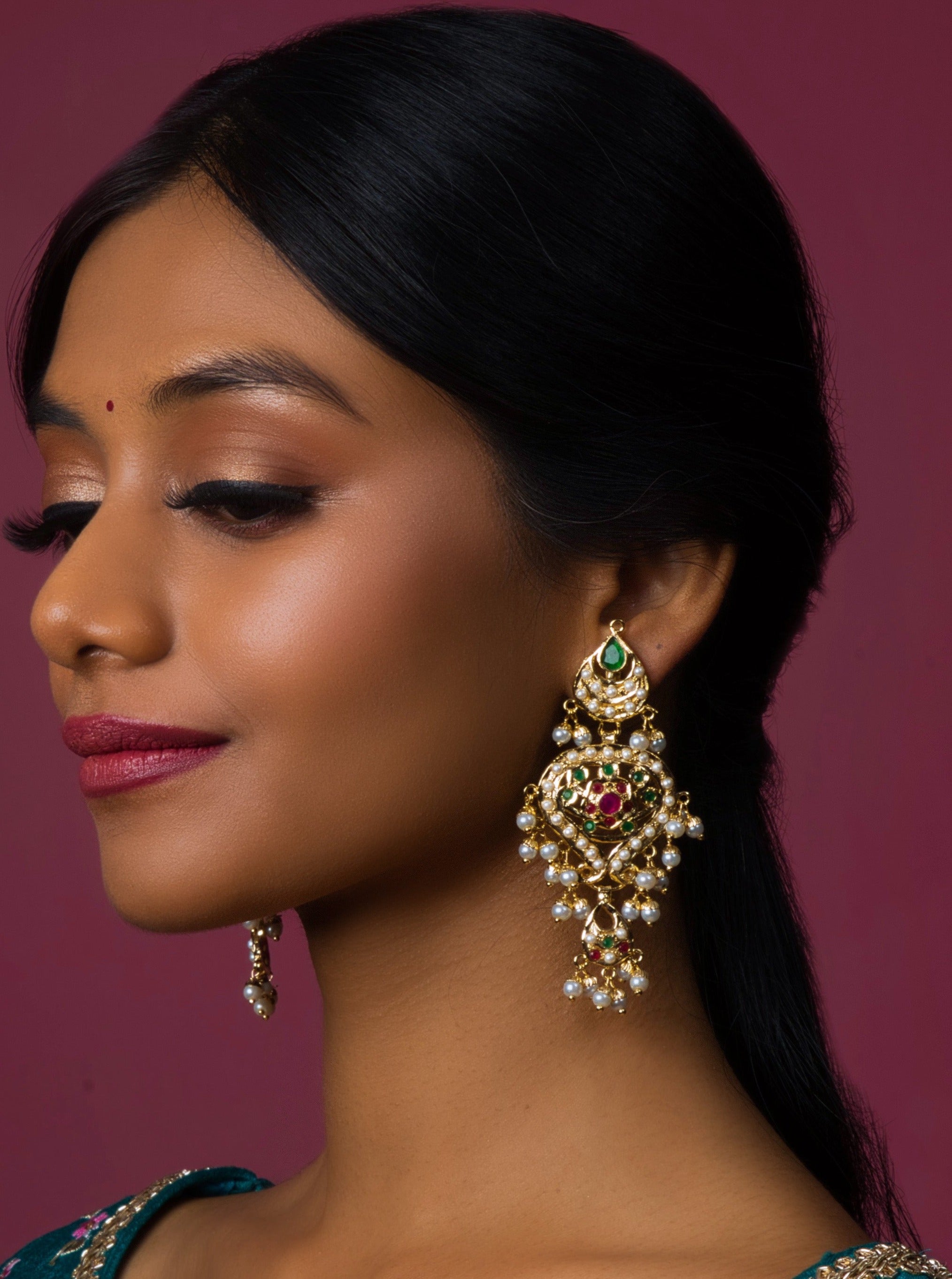 Aahana Jadau Chaandbali Earrings - Multi Color - QUEENS JEWELS