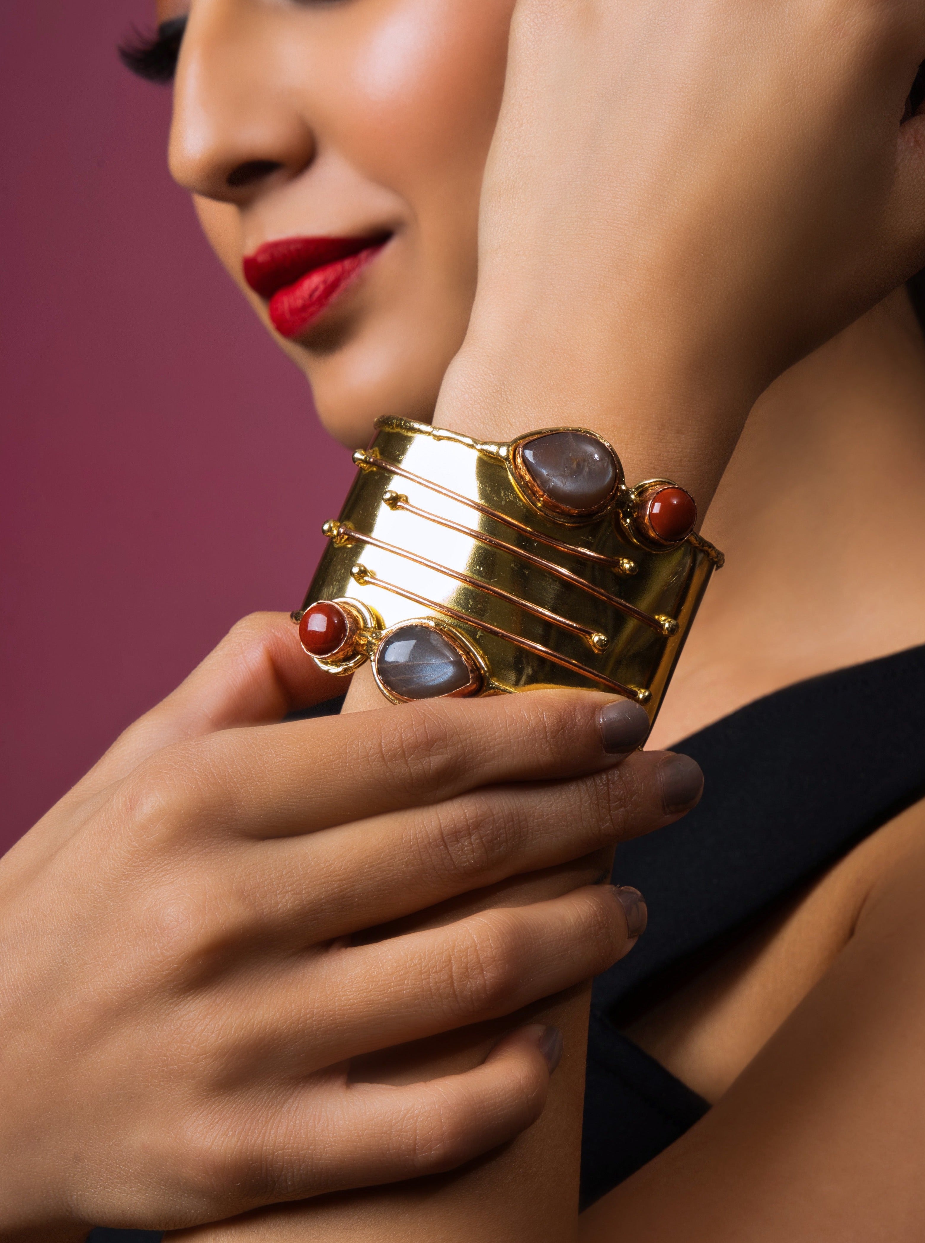Gold Plated Garnet Jaspar Cuff - QUEENS JEWELS
