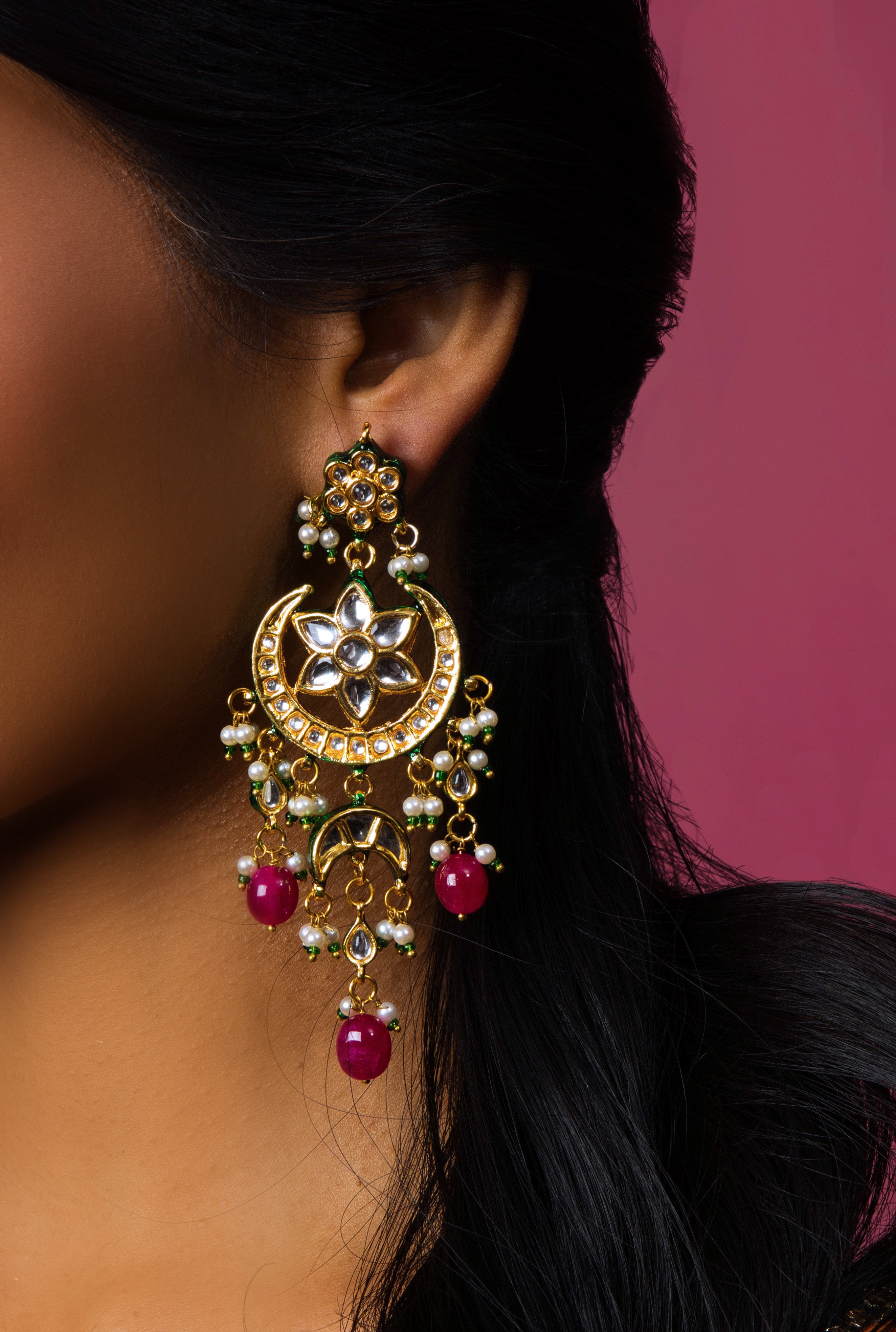 Lamia Kundan Chandbali Earrings - Red beads - QUEENS JEWELS