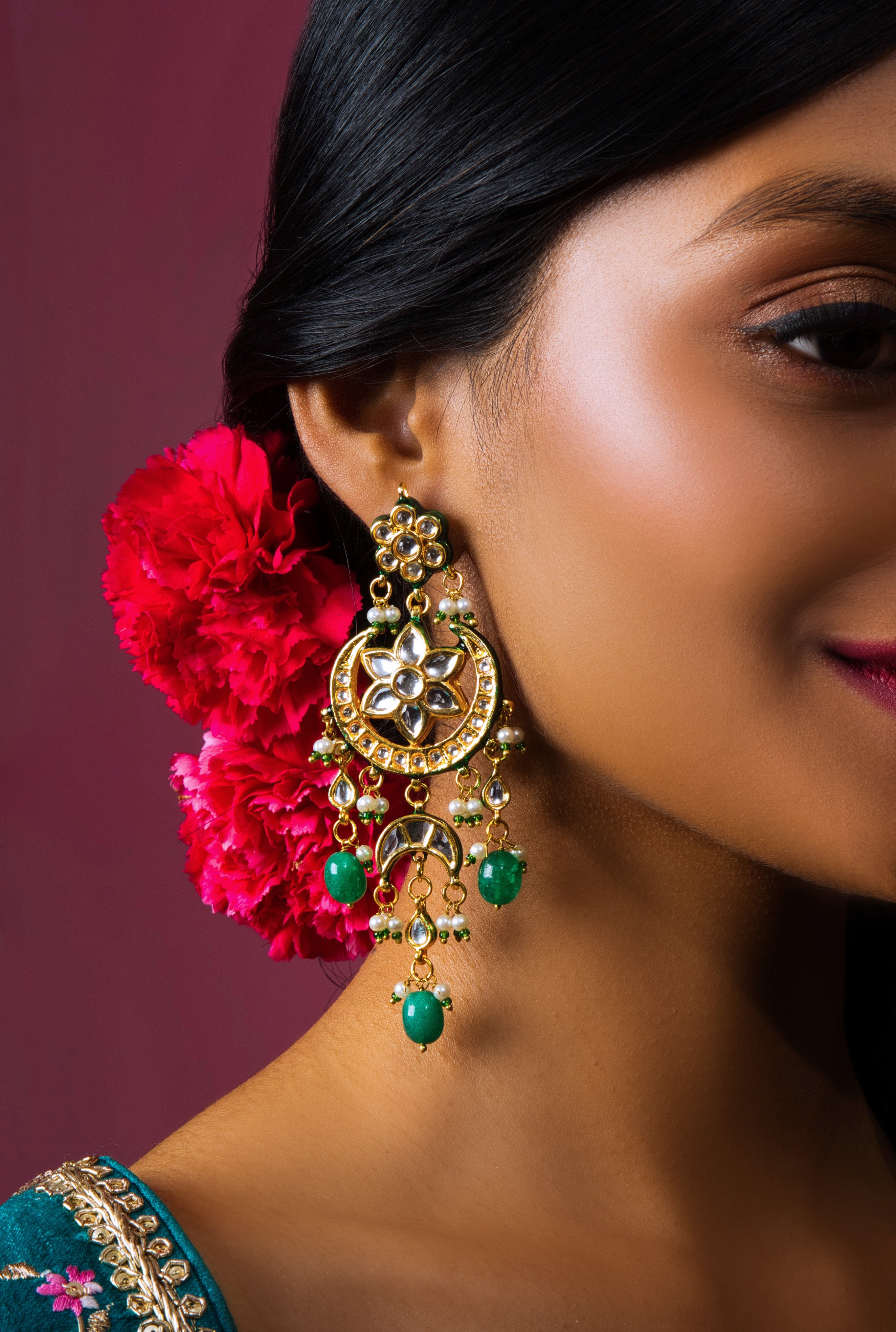 Lamia Kundan Chandbali Earrings - Green - QUEENS JEWELS