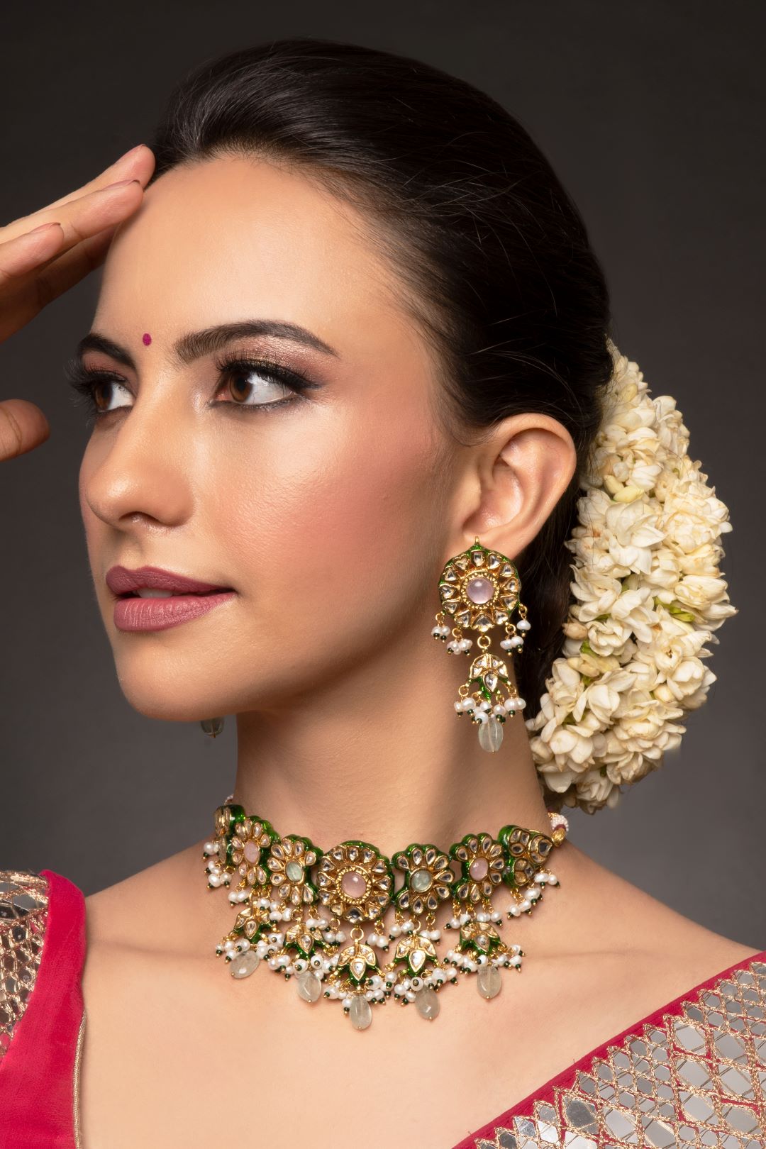 Mysha White Kundan with Green Meenakari Choker & Earrings - QUEENS JEWELS