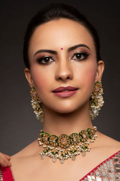 Mysha White Kundan with Green Meenakari Choker & Earrings - QUEENS JEWELS
