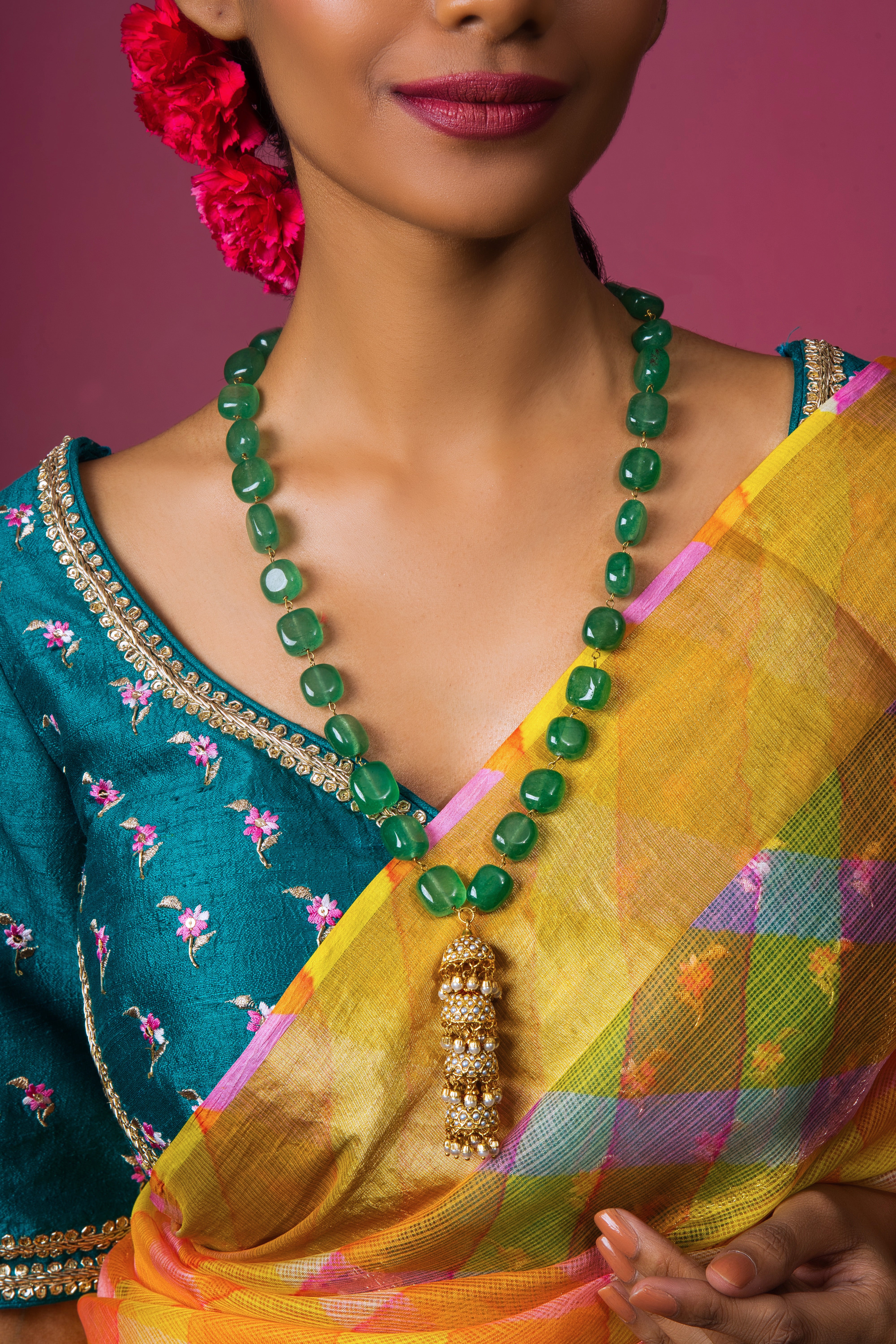 Mint Green Mala Sona Moti Jhumka Pendant - QUEENS JEWELS