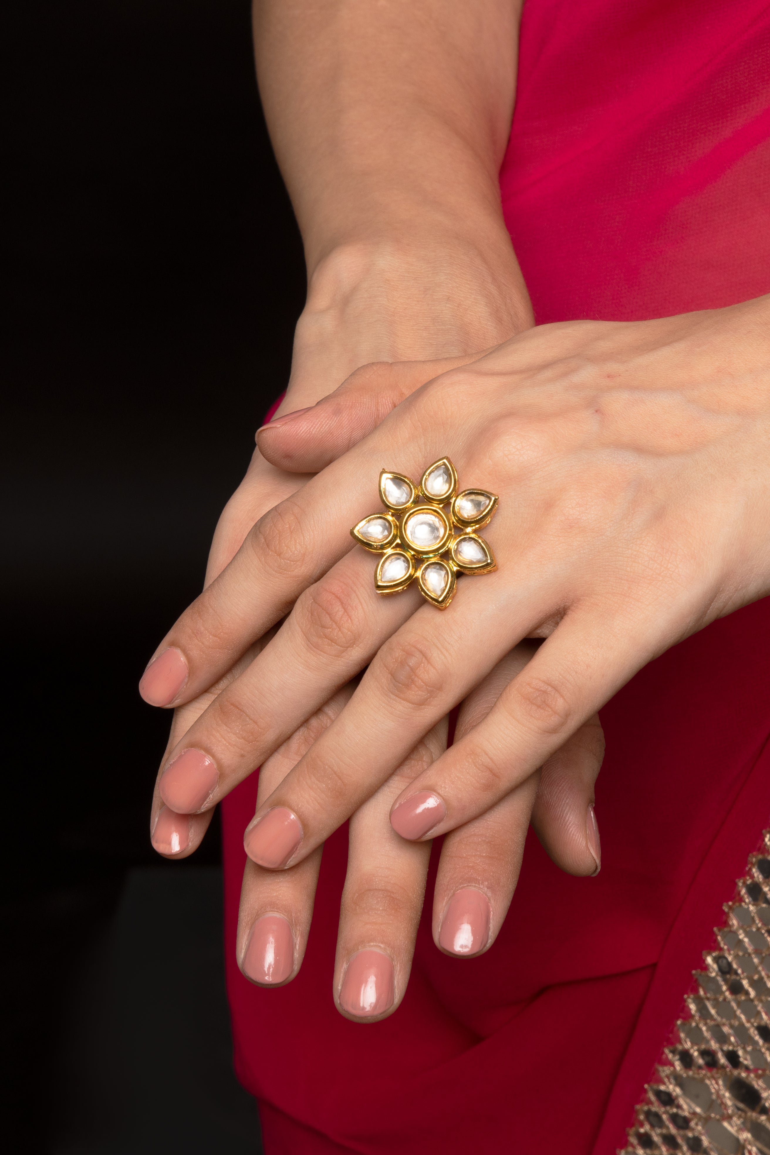 White Kundan Floral Adjustable Ring - Main Image