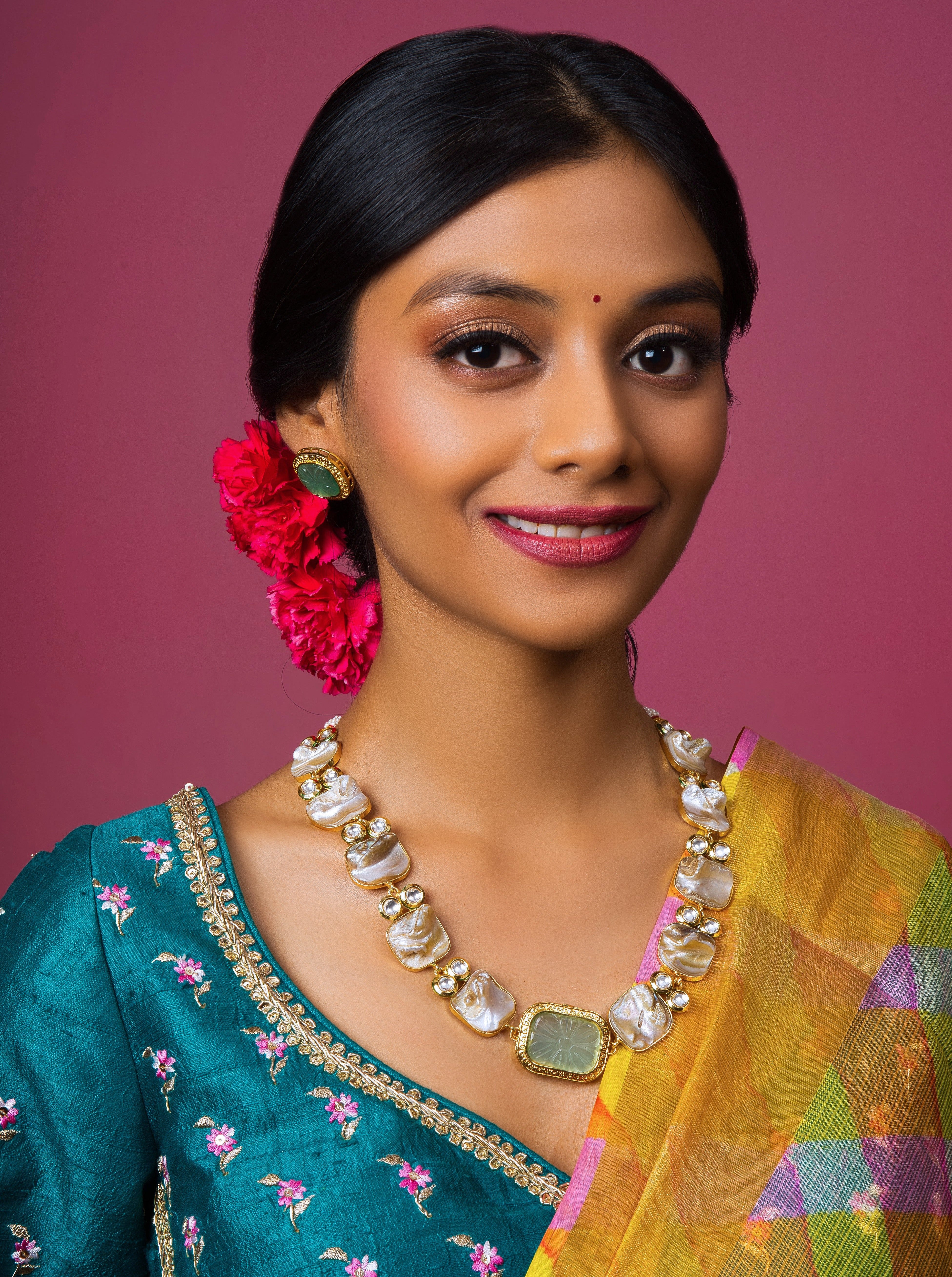 Baroque Pearl Necklace Set with Mint Green Engraved Stone with Studs - QUEENS JEWELS
