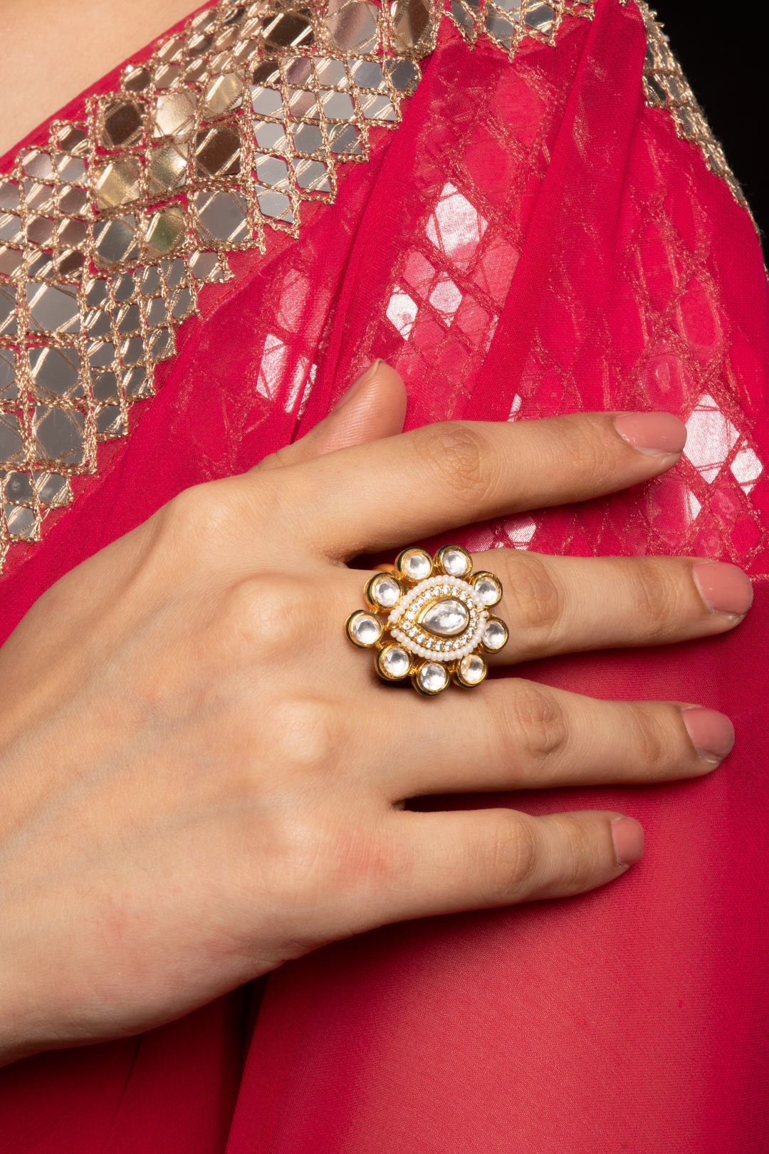 Sriya White Kundan Adjustable Ring - QUEENS JEWELS