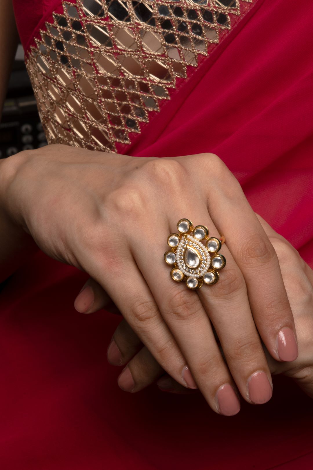 Sriya White Kundan Adjustable Ring - QUEENS JEWELS