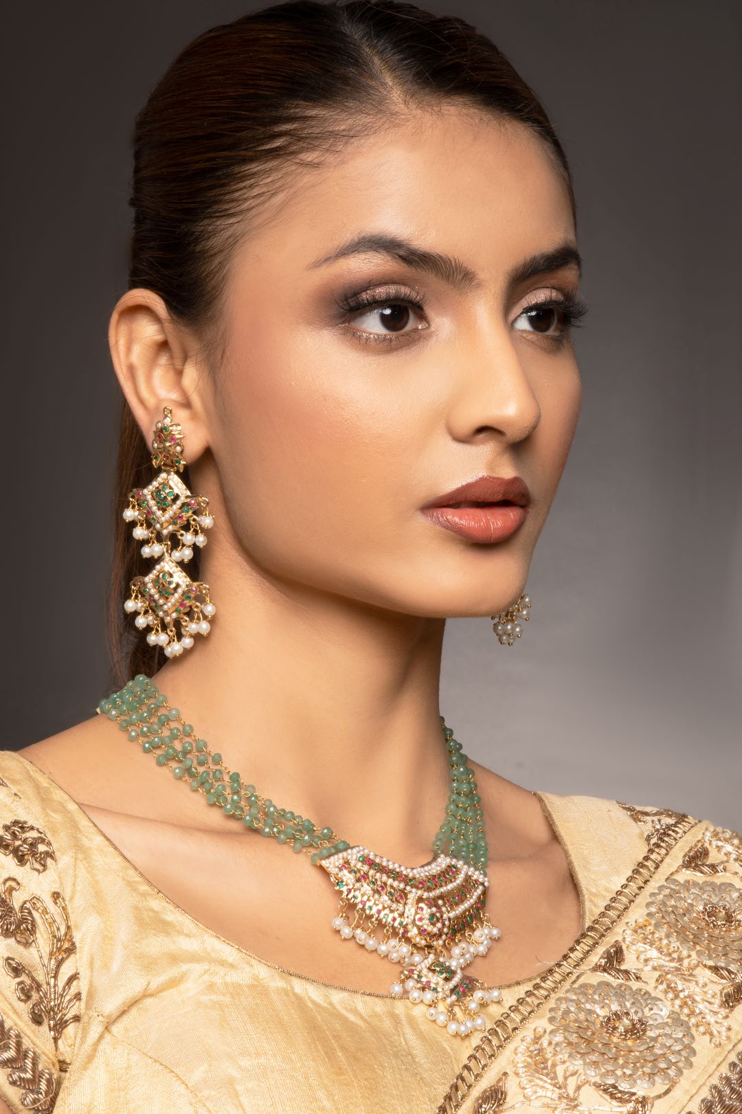 Mint Green Tanmaniya Necklace Set with Earrings - QUEENS JEWELS