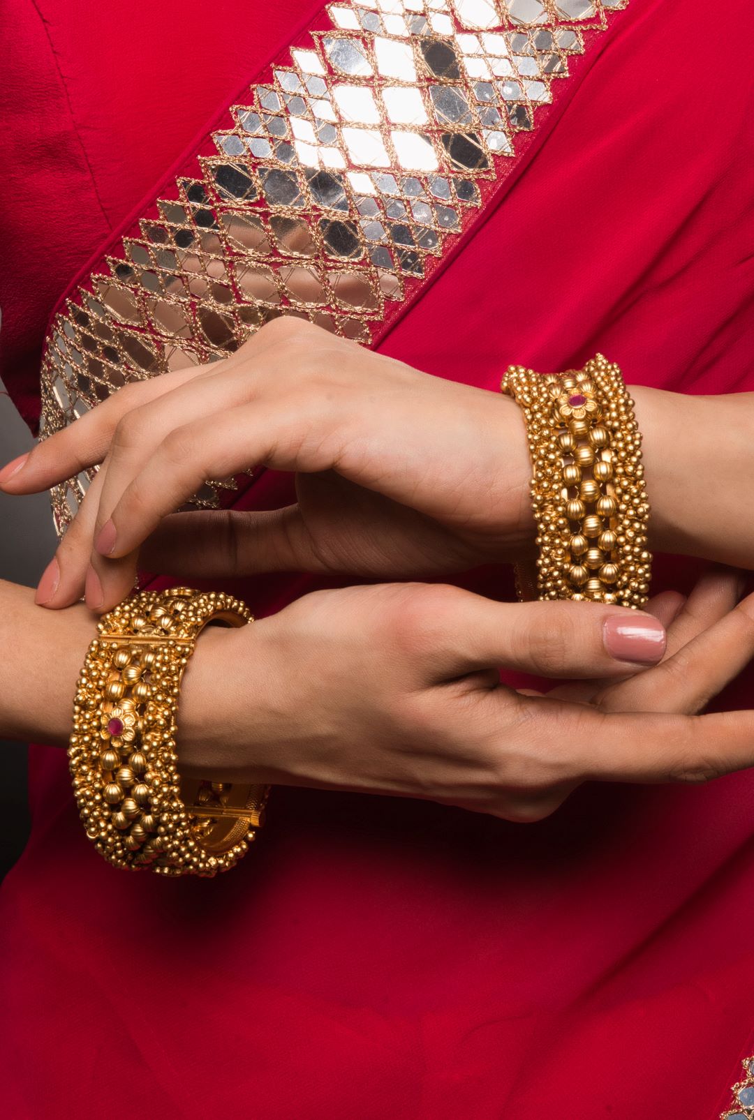 Gold & Red Temple Openable Kada Pair - QUEENS JEWELS