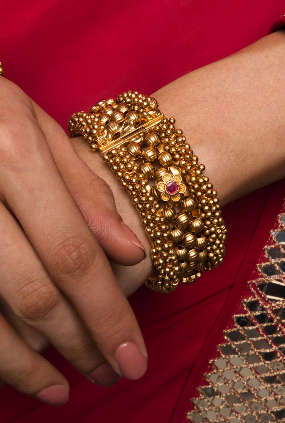 Gold & Red Temple Openable Kada Pair - QUEENS JEWELS