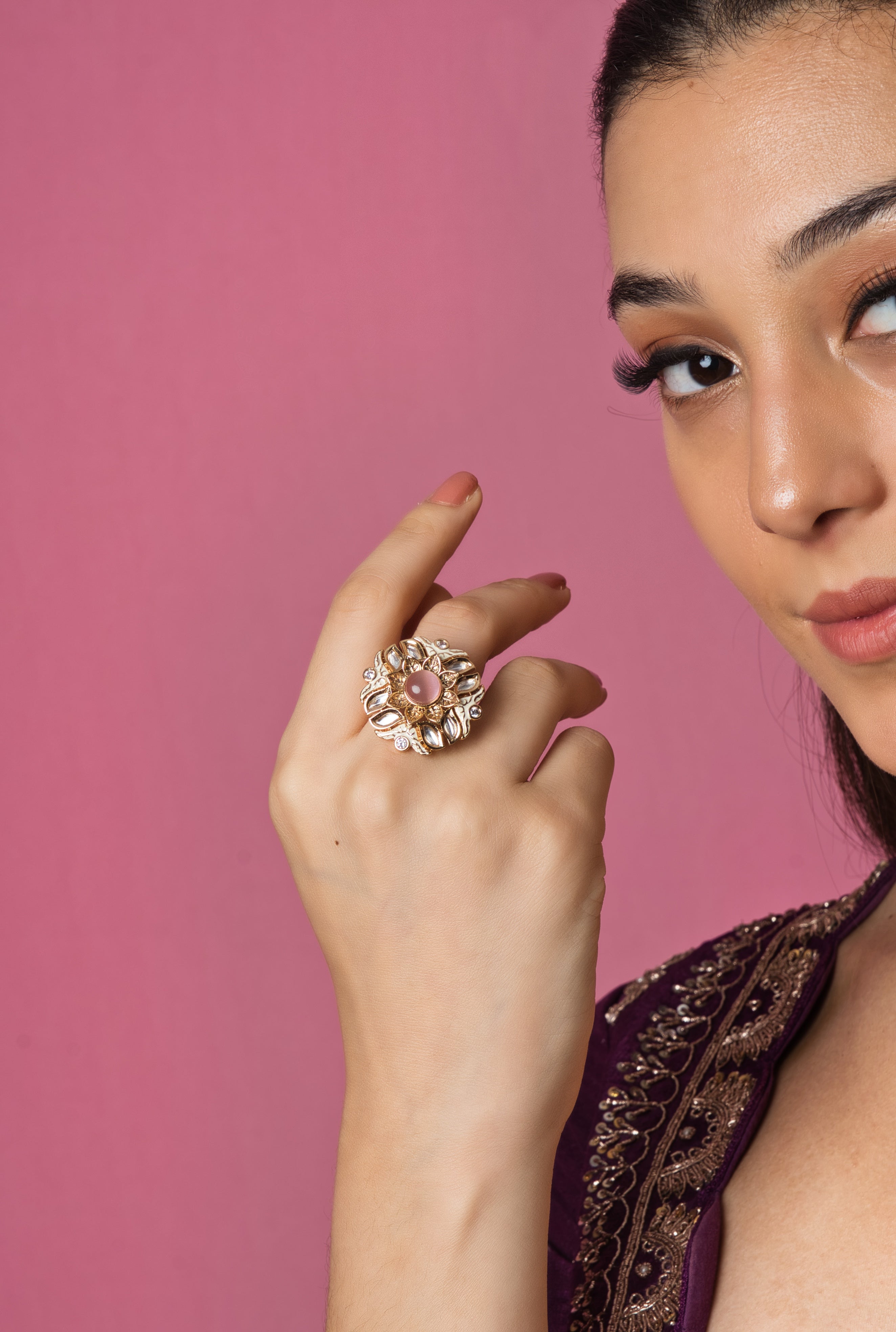 Glamourous Pink & White Kundan Ring - Adjustable - QUEENS JEWELS