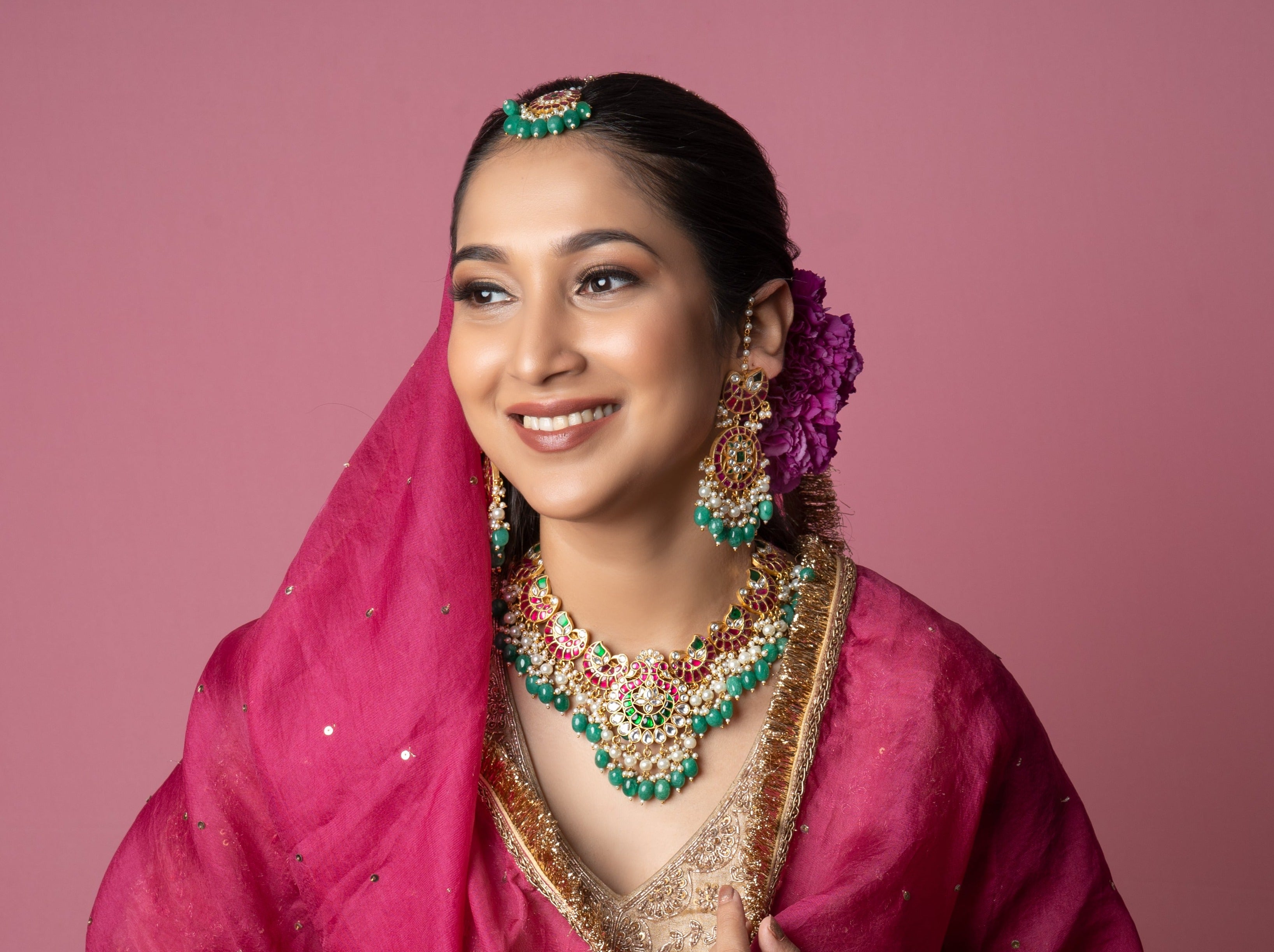 Aishwarya Bridal Red and Green Kundan Set - with Earrings & Mangtikka - QUEENS JEWELS