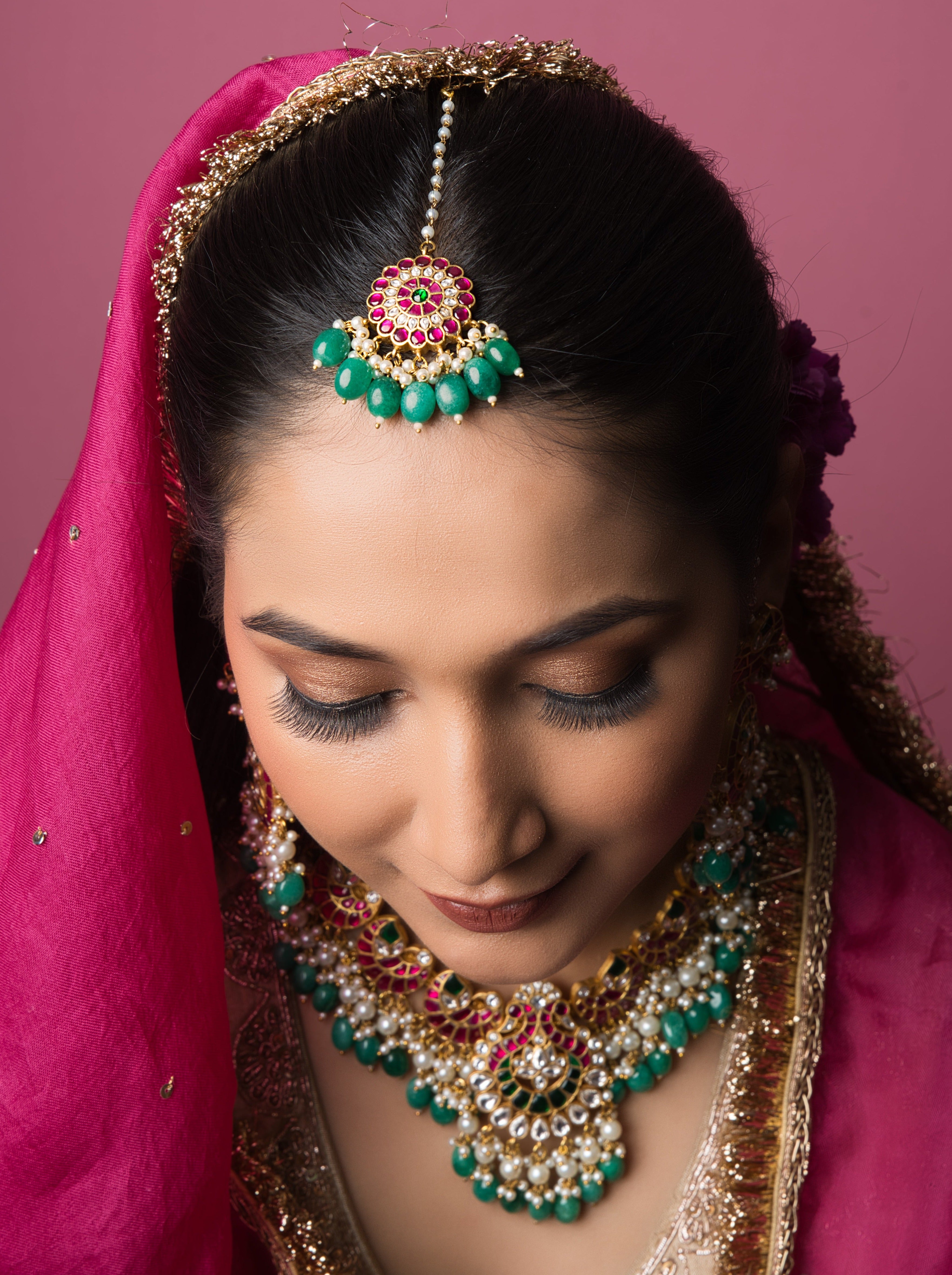 Aishwarya Bridal Red and Green Kundan Set - with Earrings & Mangtikka - QUEENS JEWELS