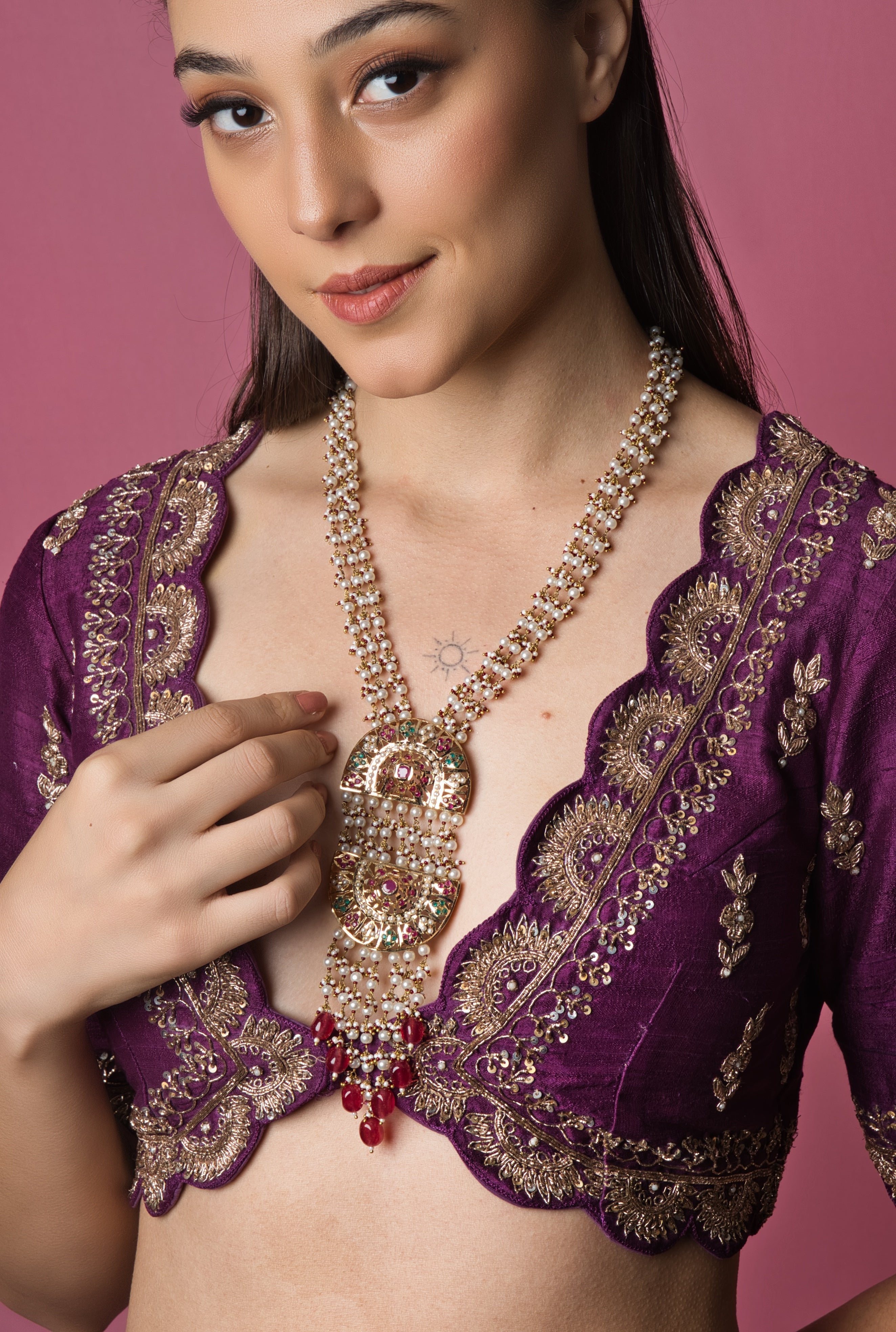Exquisite Red and White Jadau Double Long Pendant - QUEENS JEWELS