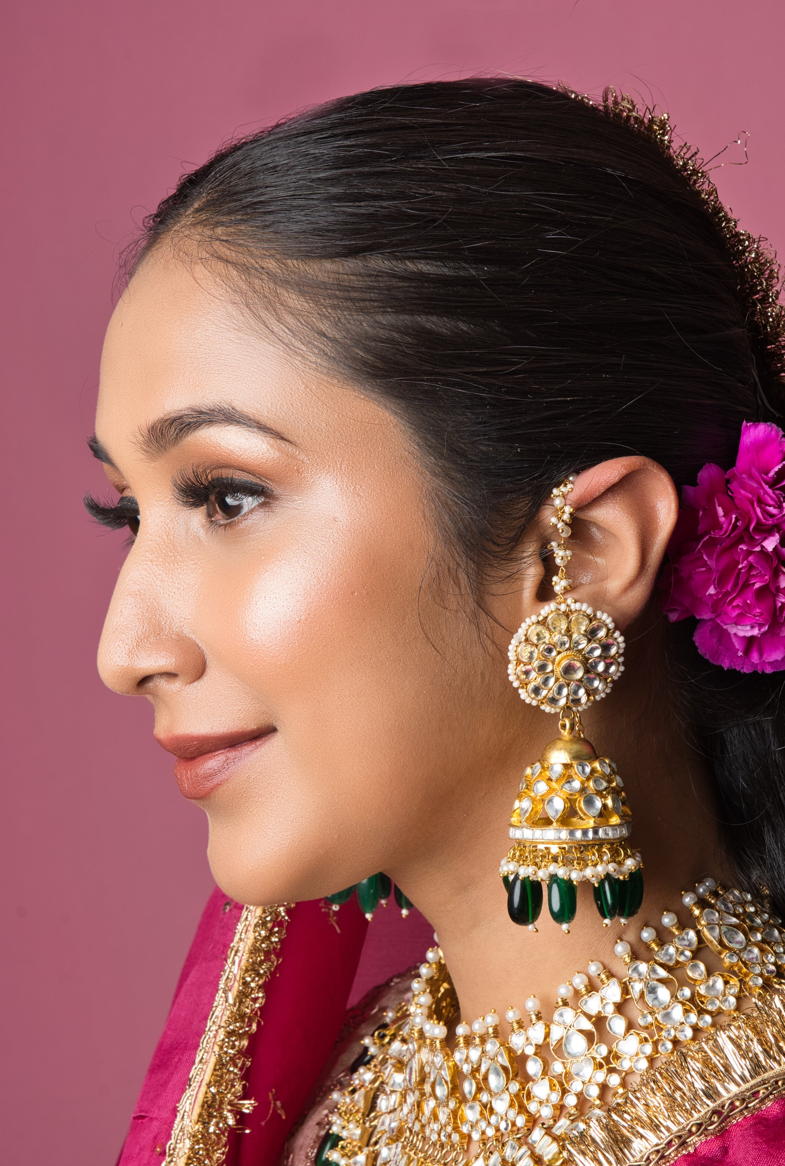 Emerald Toned Pachi Kundan Bridal Choker Set - with Jhumka Earrings - QUEENS JEWELS