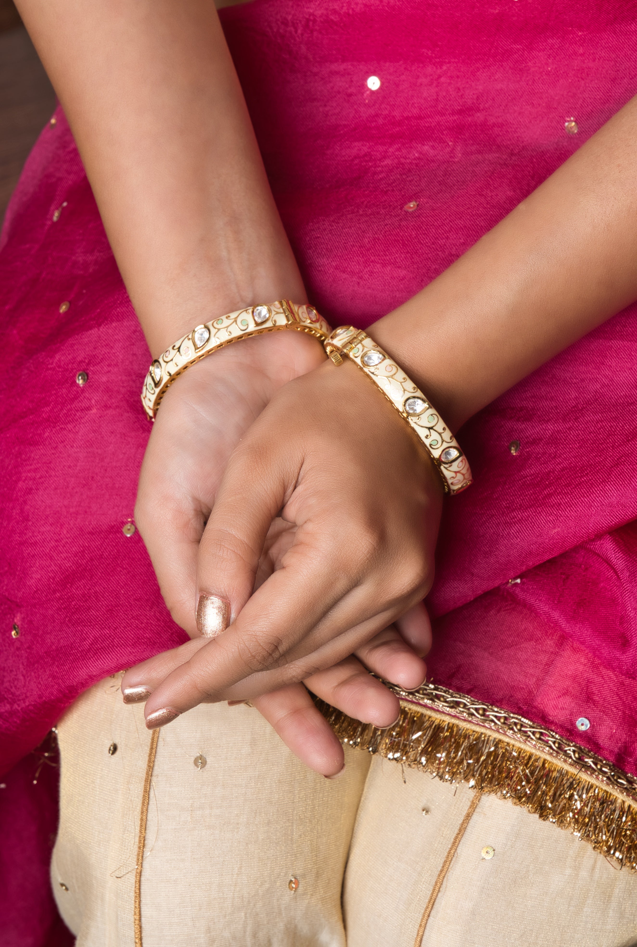 Cream Elegance Meenakari Bangles - Openable - QUEENS JEWELS