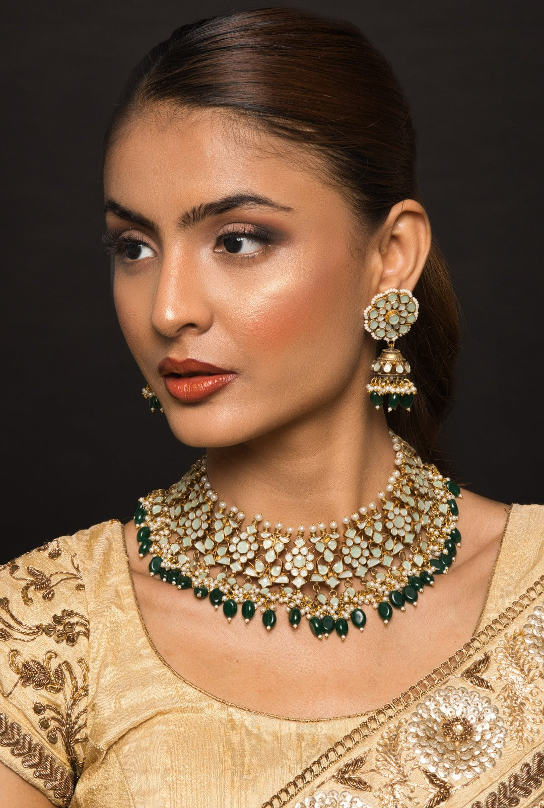 Araiya Mint Green Kundan Necklace Set With Earrings - QUEENS JEWELS
