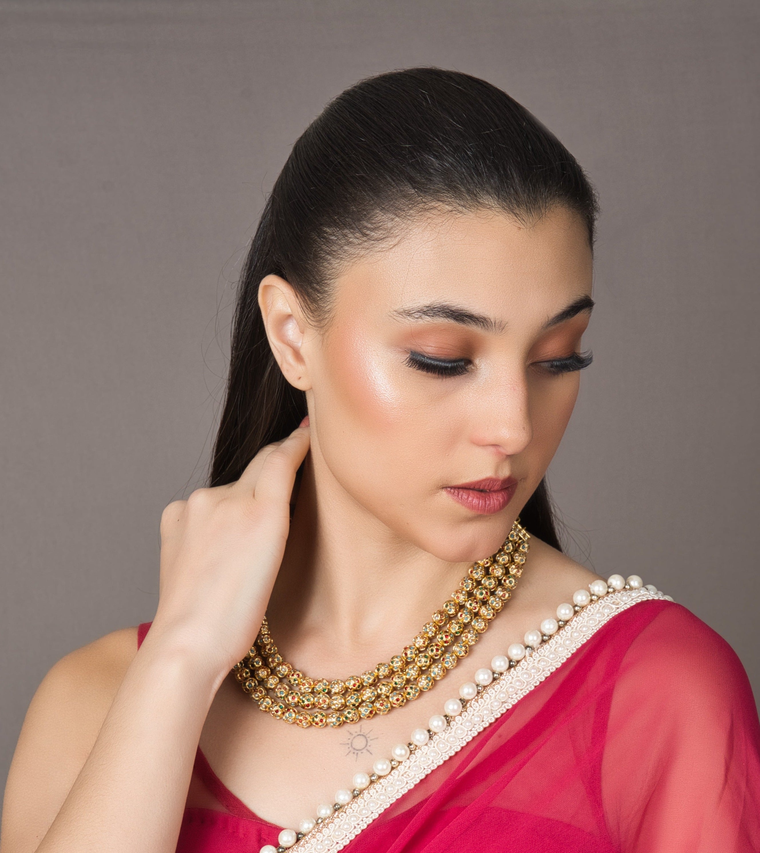 Triple Layer Sona Moti Navratan Necklace - QUEENS JEWELS