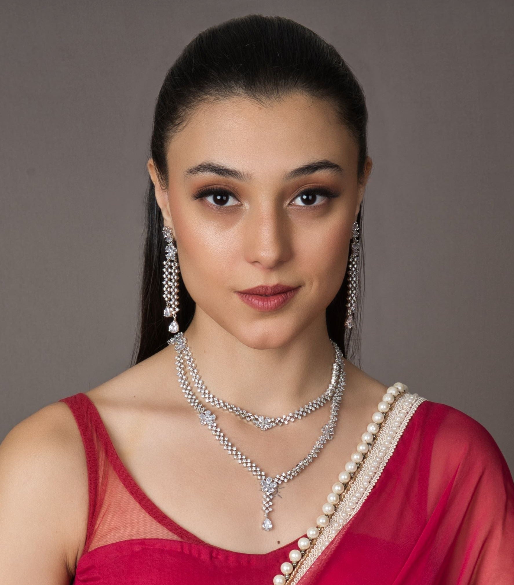 Exquisite Double Layer American Diamond Set with Earrings - QUEENS JEWELS
