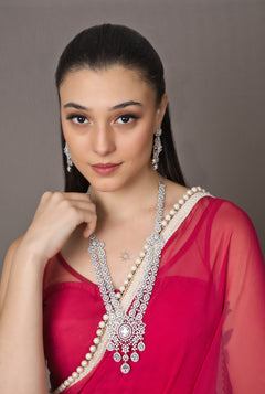 Bridal American Diamonds Necklace with Earrings (Set) - QUEENS JEWELS