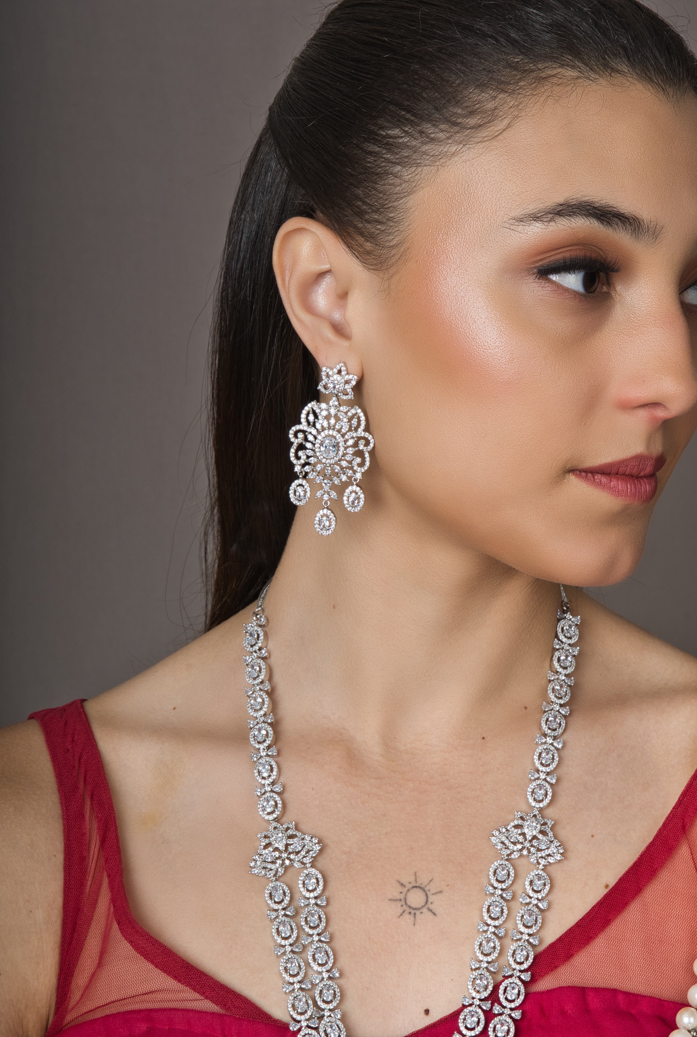 Bridal American Diamonds Necklace with Earrings (Set) - QUEENS JEWELS