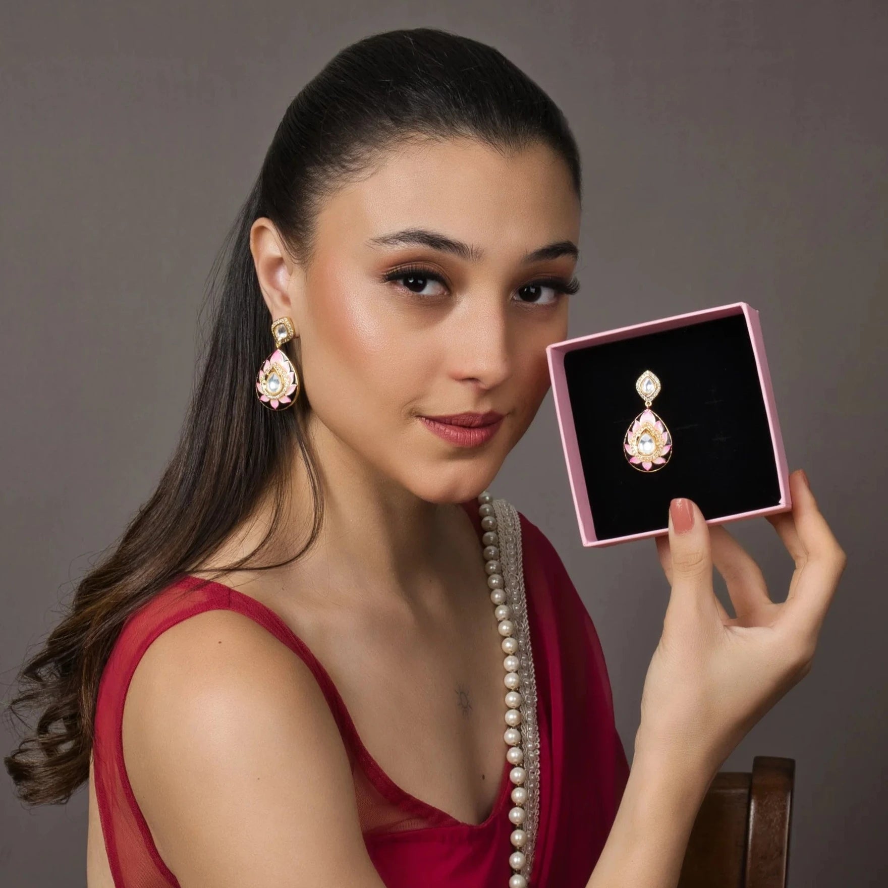 Meenakari Pink Polki Danglers - QUEENS JEWELS