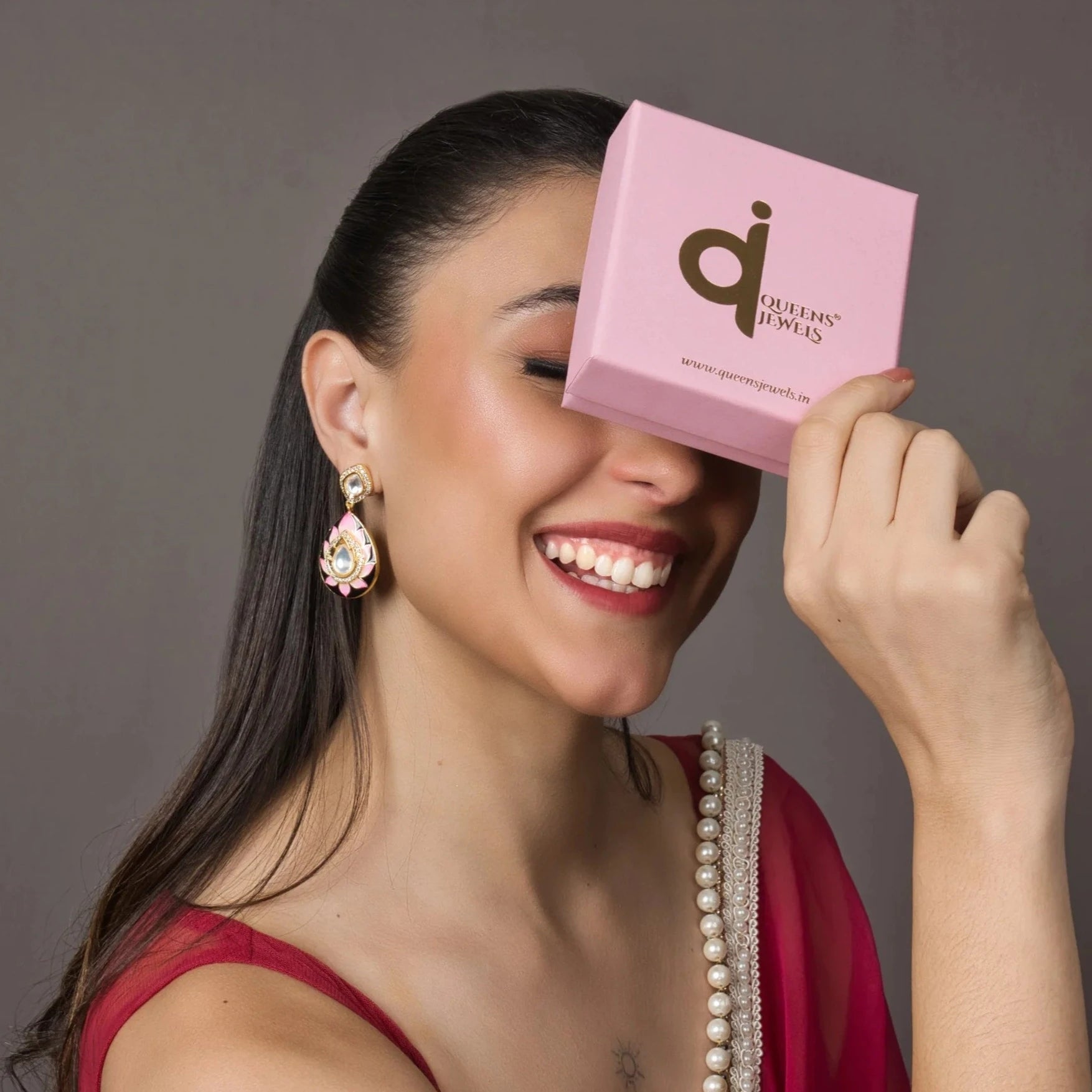 Meenakari Pink Polki Danglers - QUEENS JEWELS