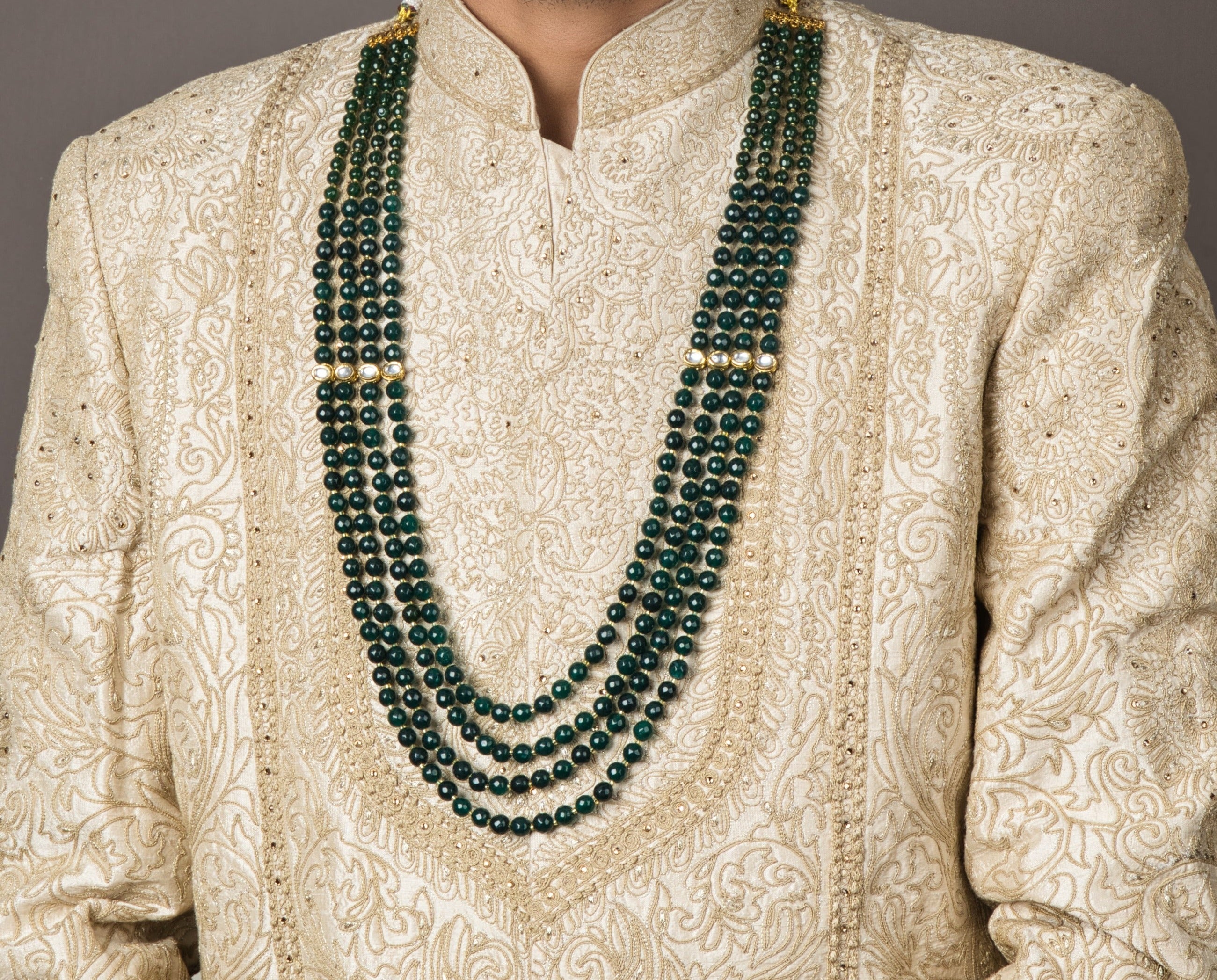 Regal Long Emerald Tone Groom Sherwani Mala - QUEENS JEWELS