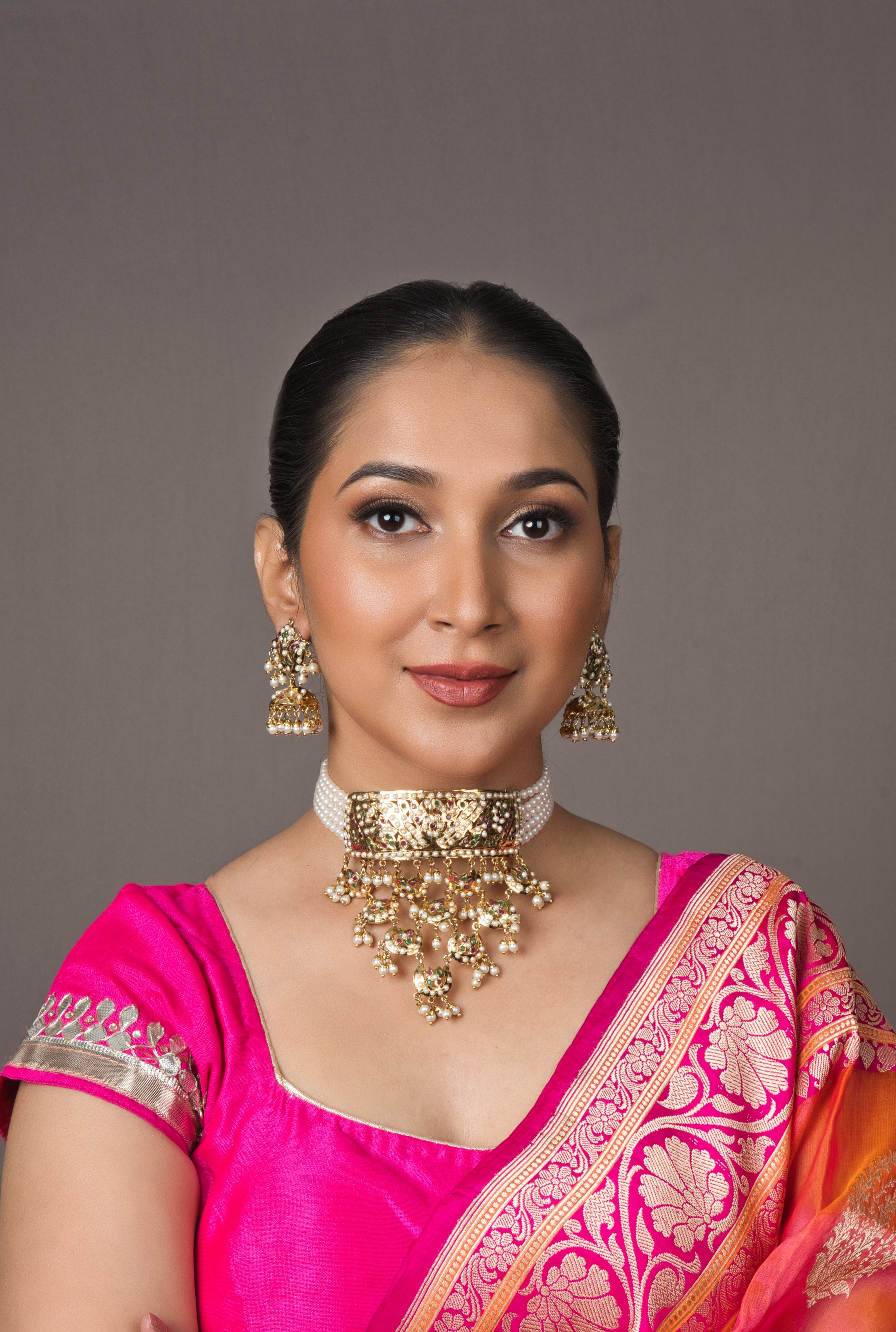 Waterfall Bridal Jadau Choker Set - with Jhumka Earrings - Multi Color - QUEENS JEWELS