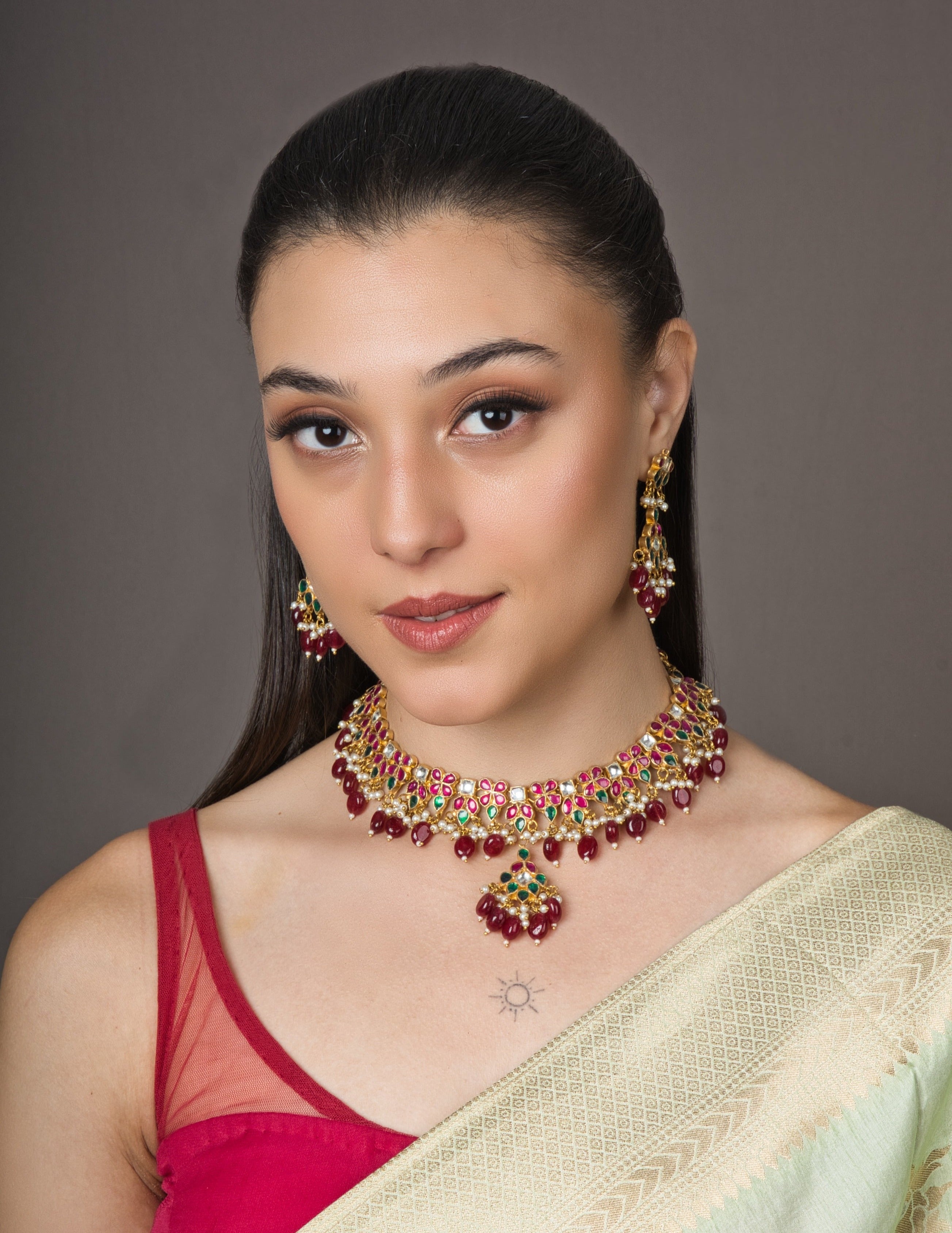 Bridesmaid's Red Kundan Choker Set - with Earrings - QUEENS JEWELS