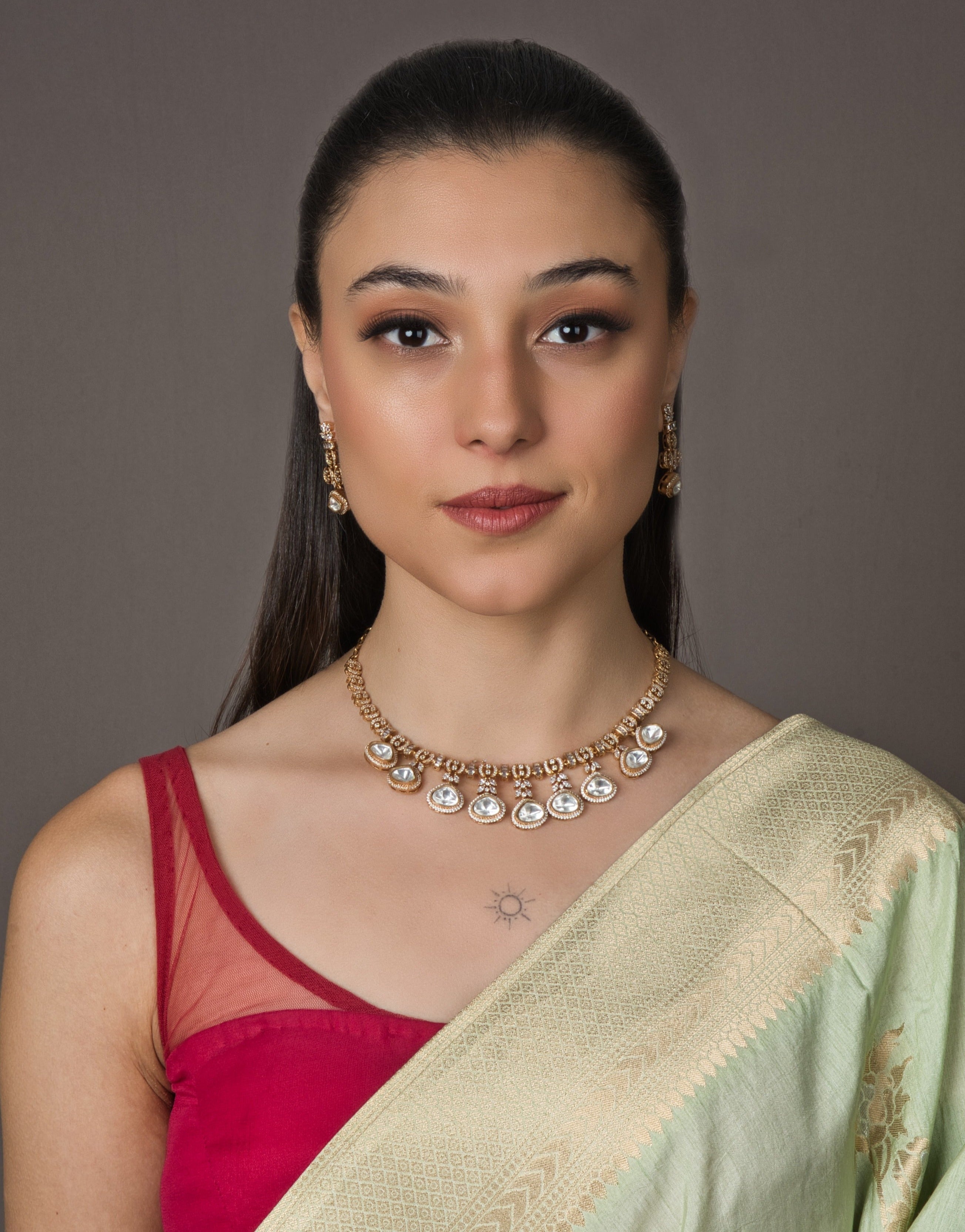 Sleek Real Look Alike Polki Set - with Earrings - QUEENS JEWELS