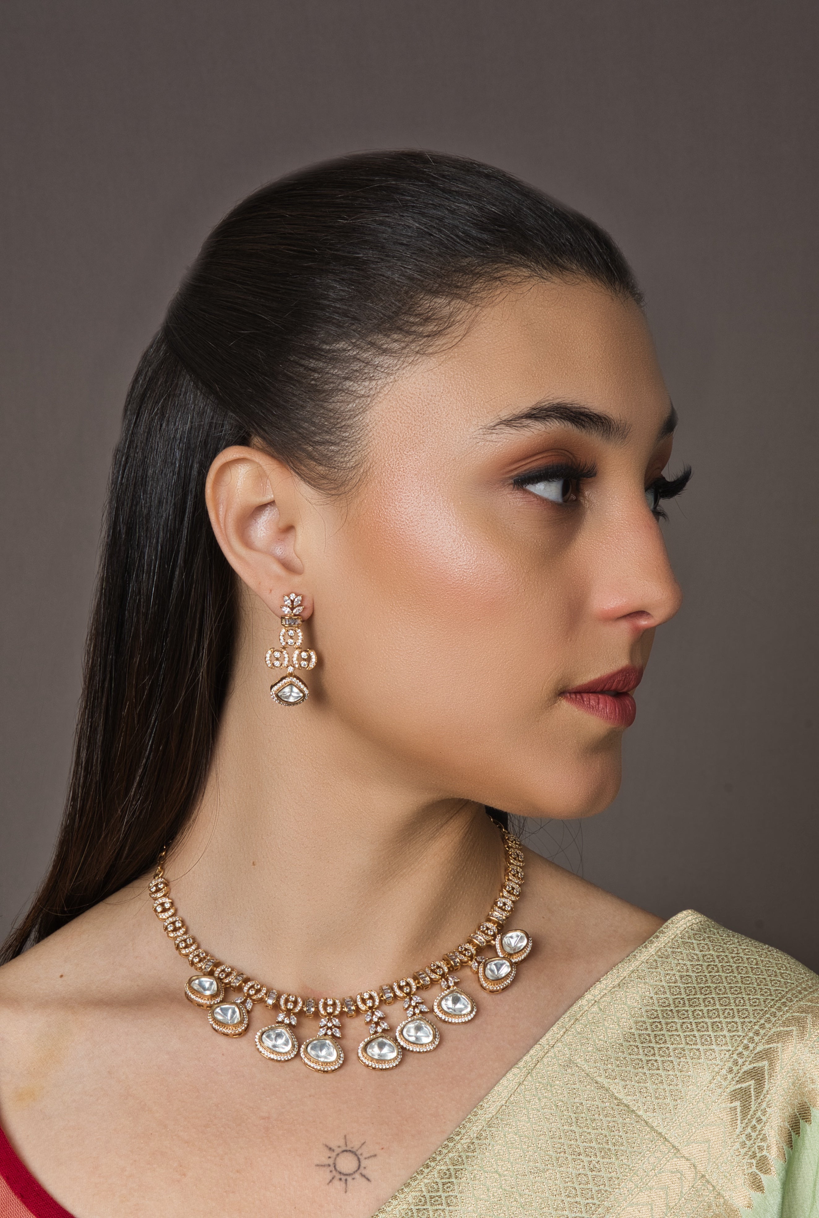 Sleek Real Look Alike Polki Set - with Earrings - QUEENS JEWELS