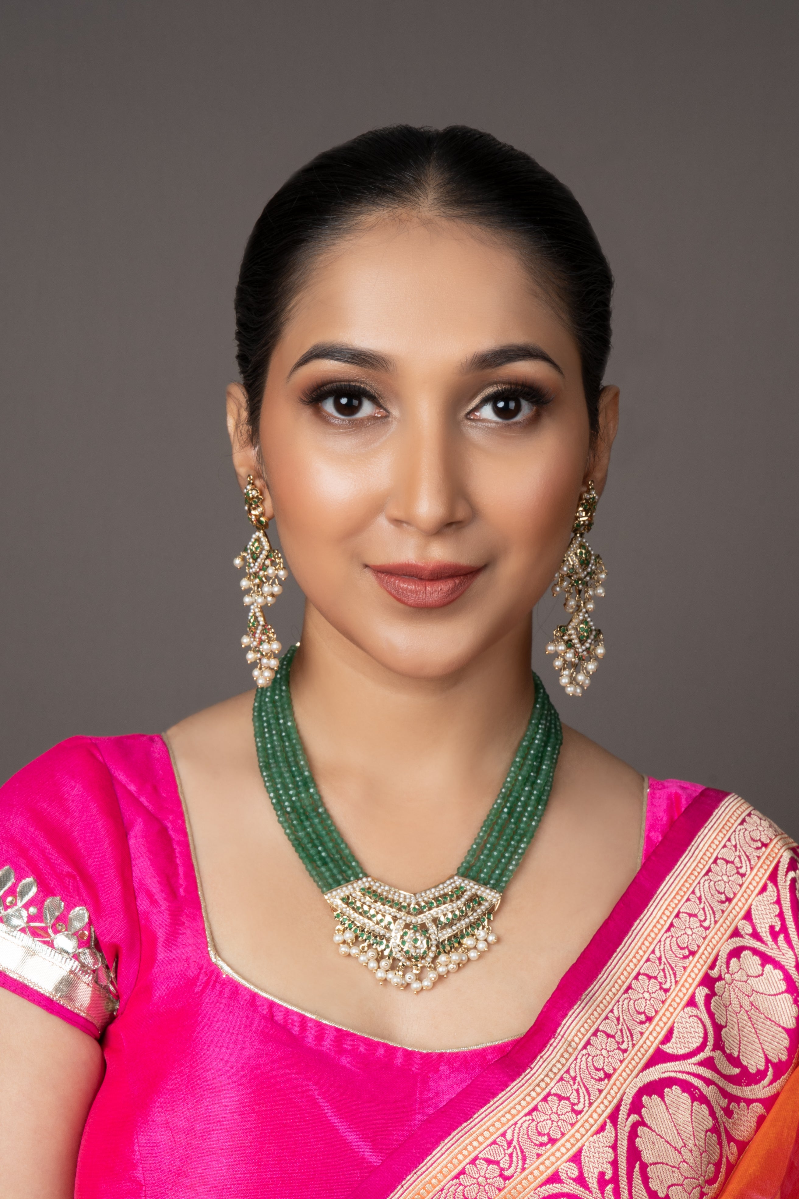 Green Jadau Tanmaniya Necklace Set with Earrings - QUEENS JEWELS