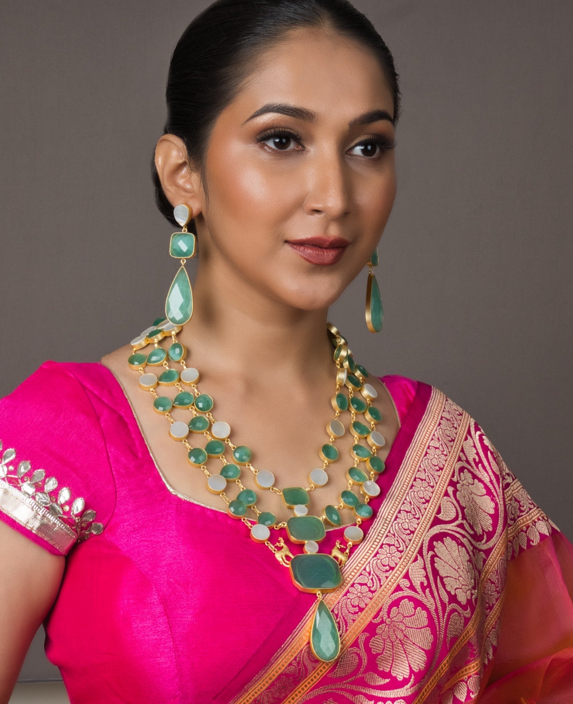 Mint Green Indo-Western Fusion Set with Earrings - QUEENS JEWELS