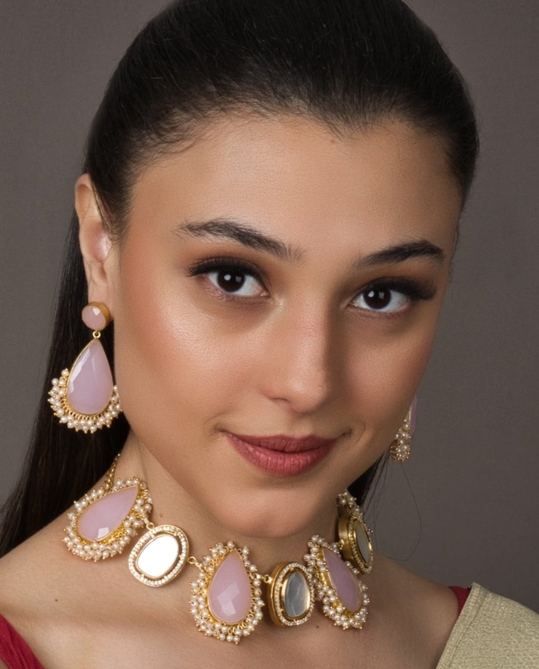 Jacqueline Pink Choker Set - with Earrings - QUEENS JEWELS