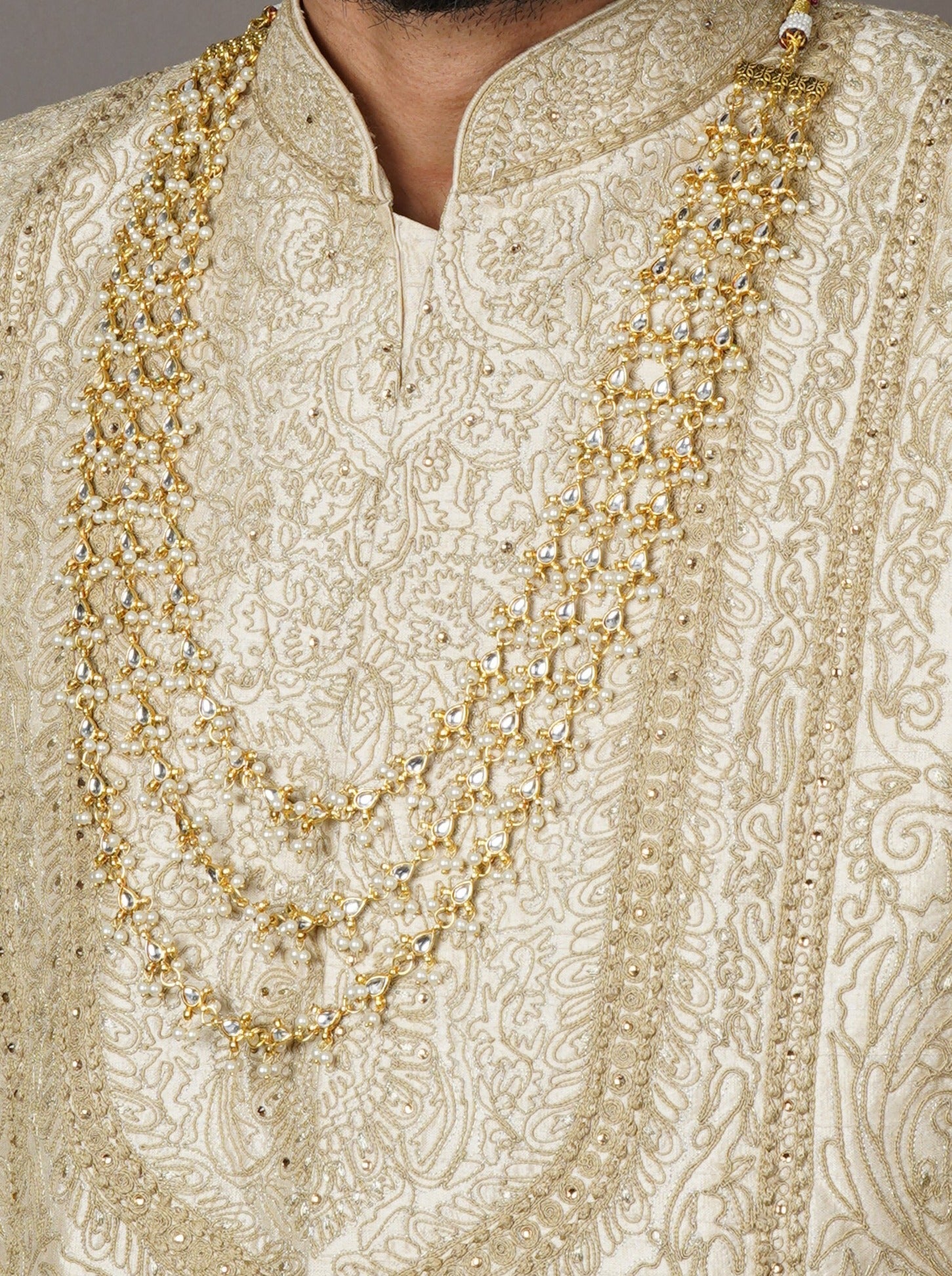 Majestic Triple Layer Kundan Groom Sherwani Biya Mala - QUEENS JEWELS