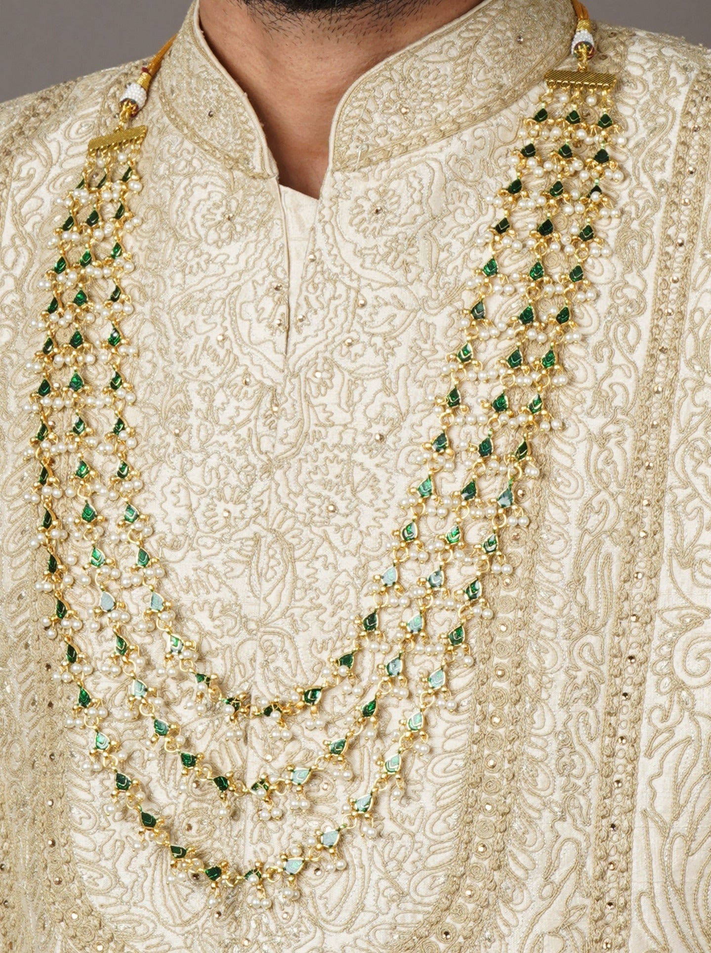 Majestic Triple Layer Kundan Groom Sherwani Biya Mala - QUEENS JEWELS