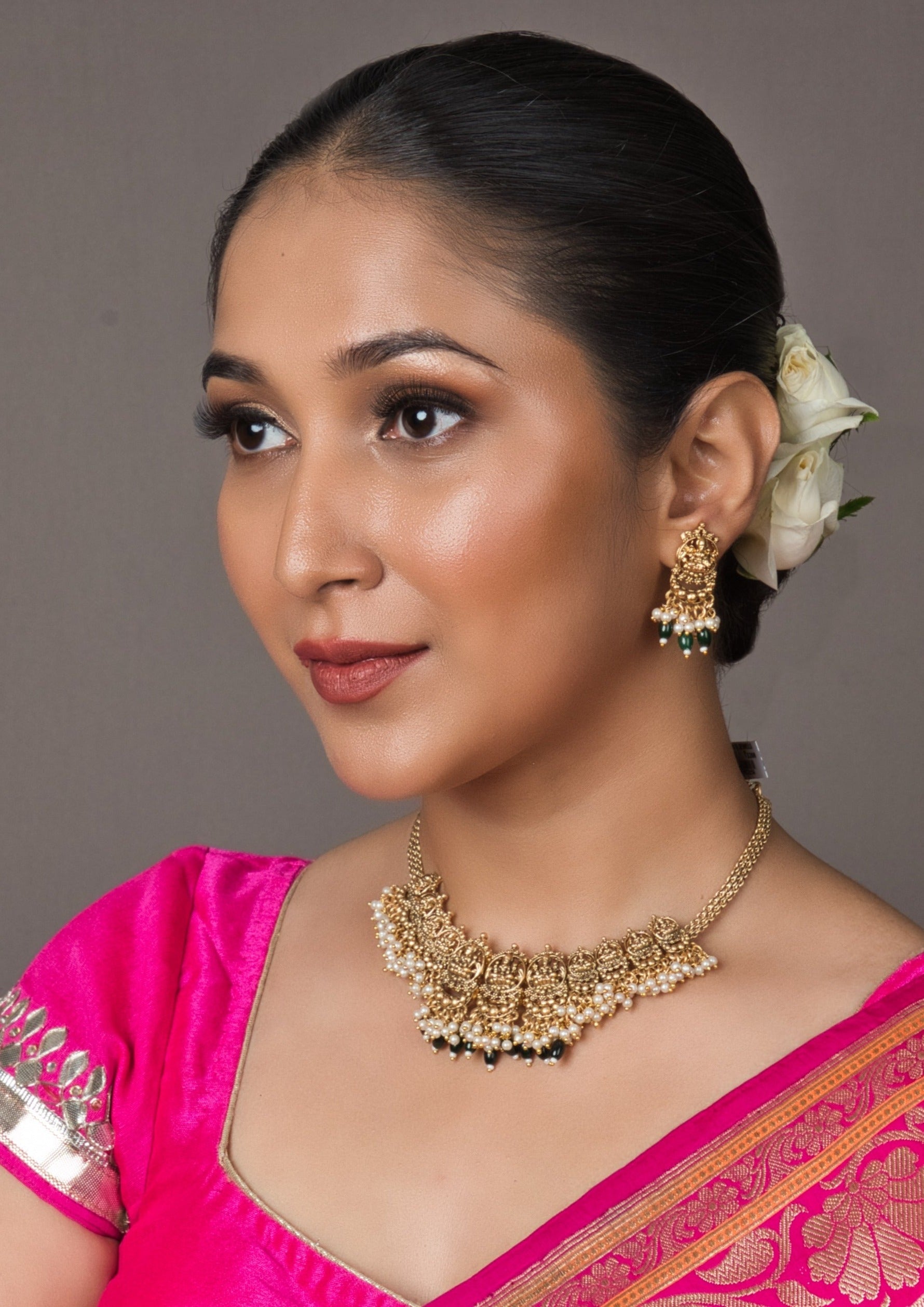 Laxmi Sleek Temple Choker Set with Earrings - QUEENS JEWELS
