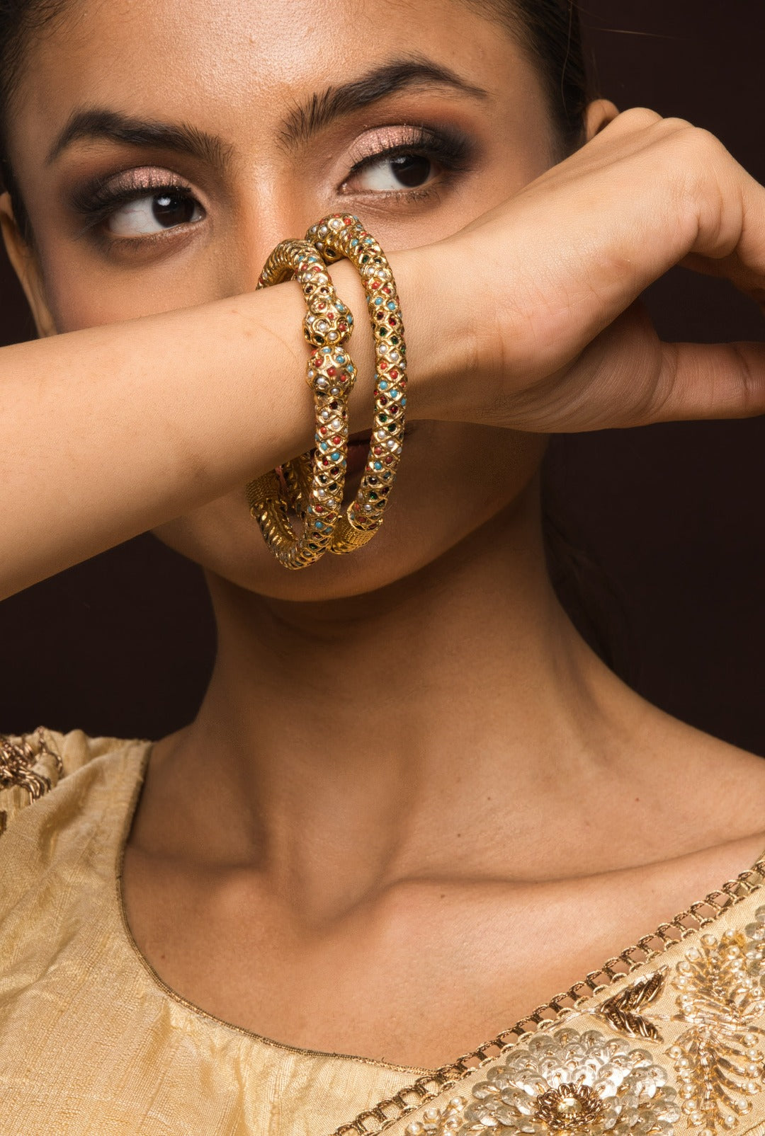 Tanika Gold Plated Openable Jadau Bangle Pair Navratan Color - QUEENS JEWELS