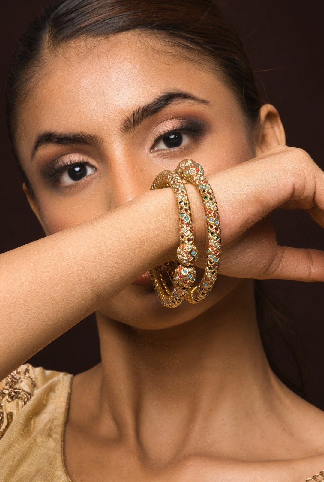 Tanika Gold Plated Openable Jadau Bangle Pair Navratan Color - QUEENS JEWELS