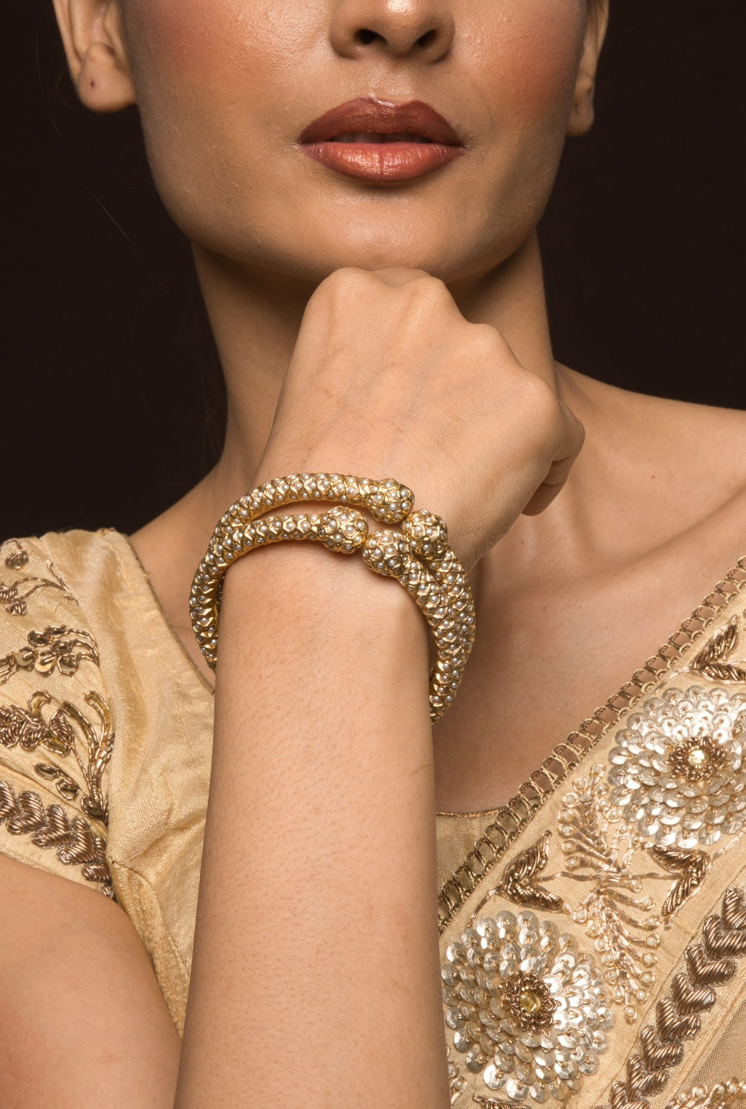 Tanika Gold Plated White Openable Jadau Bangle Pair - QUEENS JEWELS