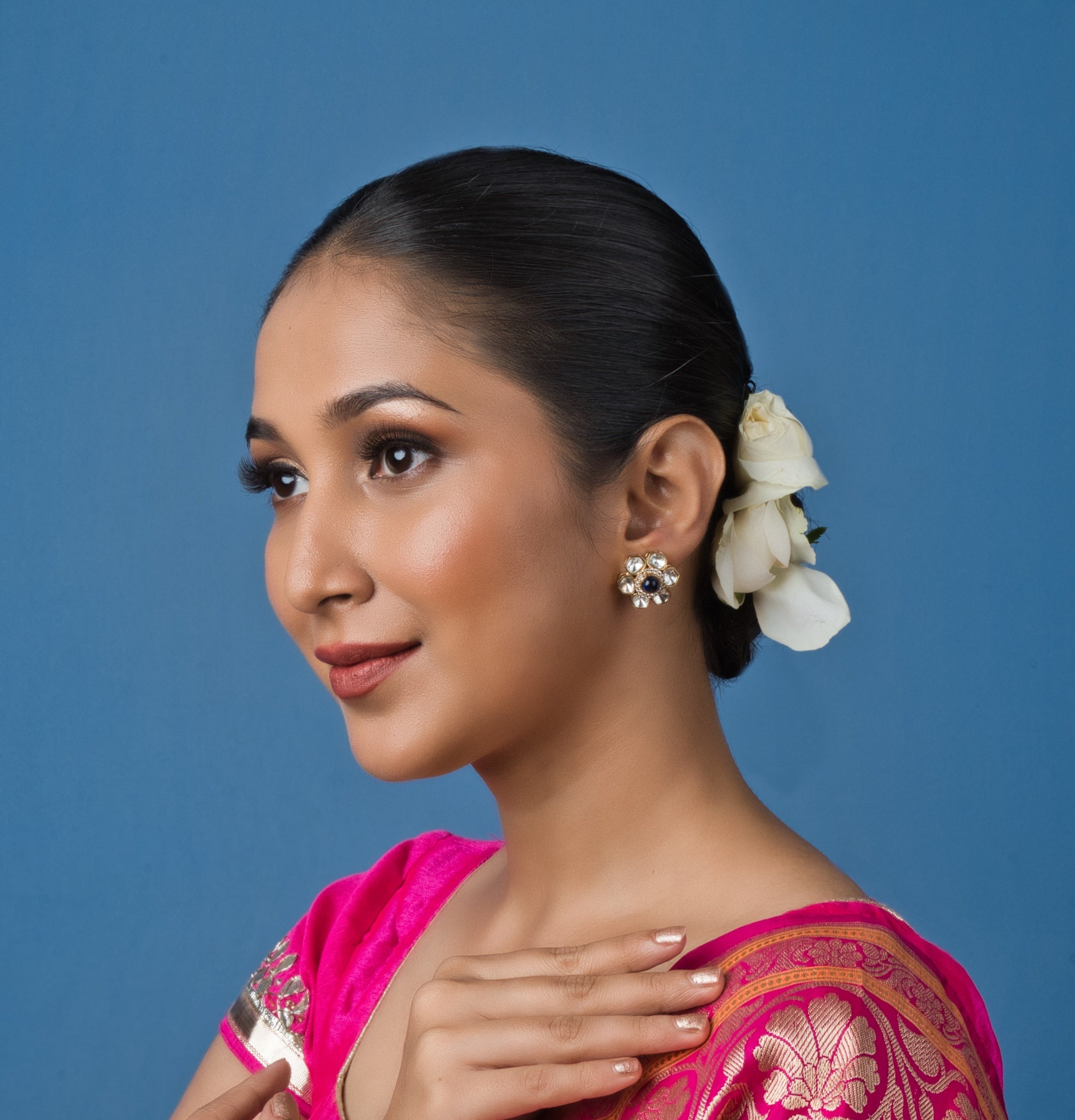 Flower Polki Stud Earrings - QUEENS JEWELS
